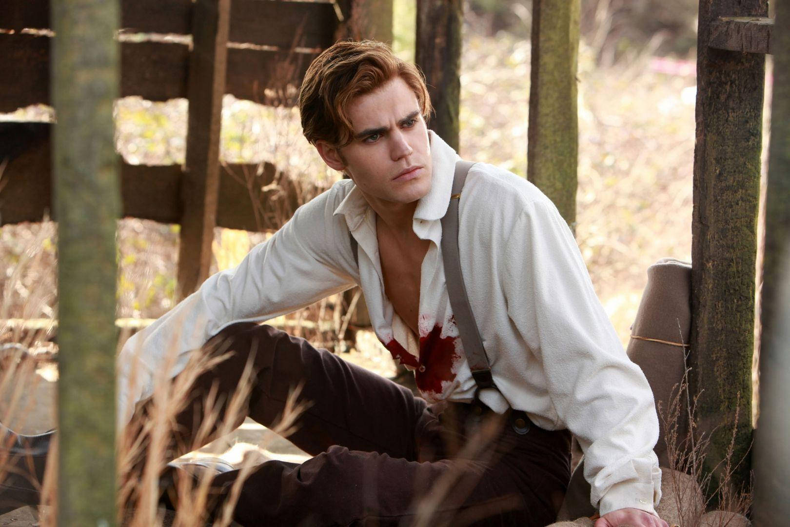 Damon Salvatore, suspenders, wooden fence, HD Desktop Wallpaper