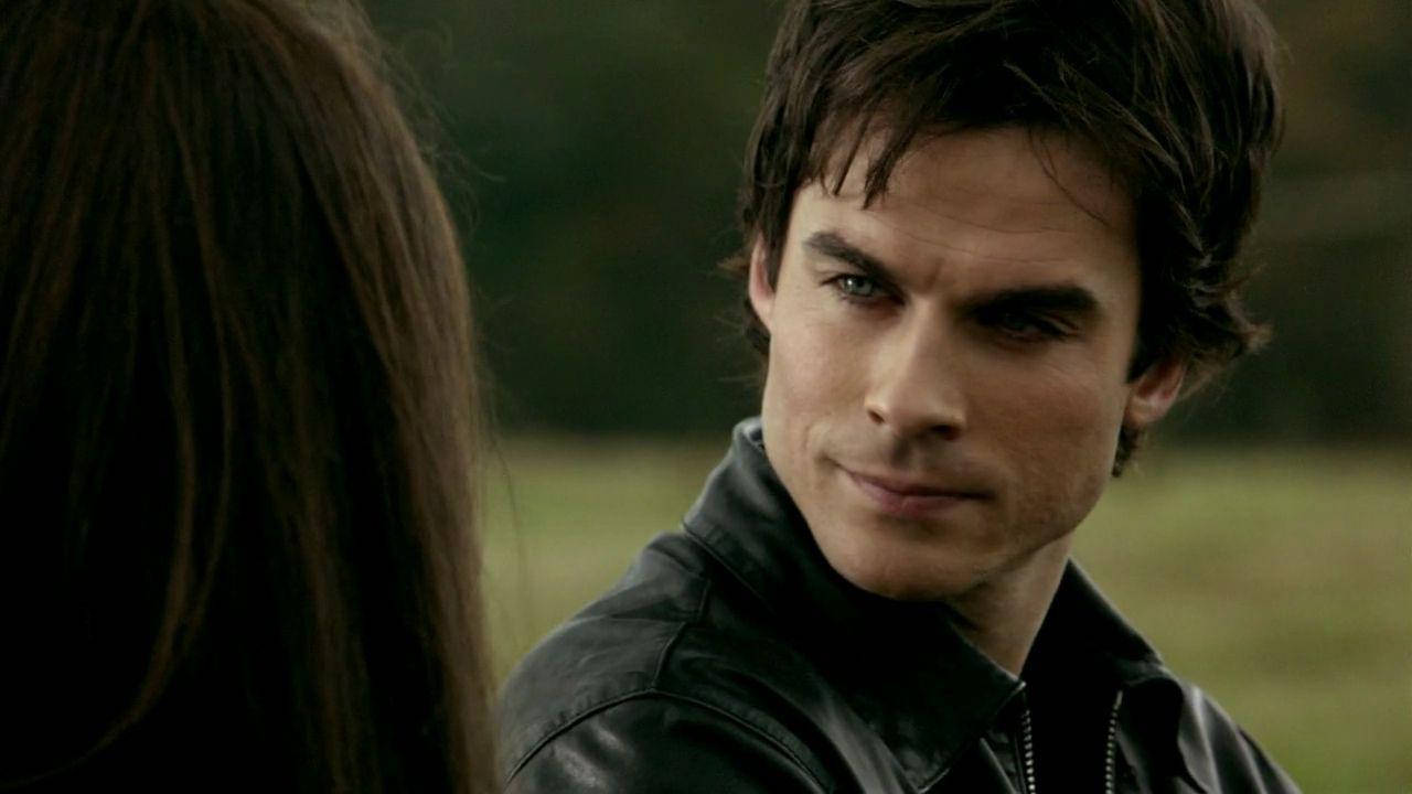 Damon Salvatore, black leather jacket, long dark hair, HD Desktop Wallpaper