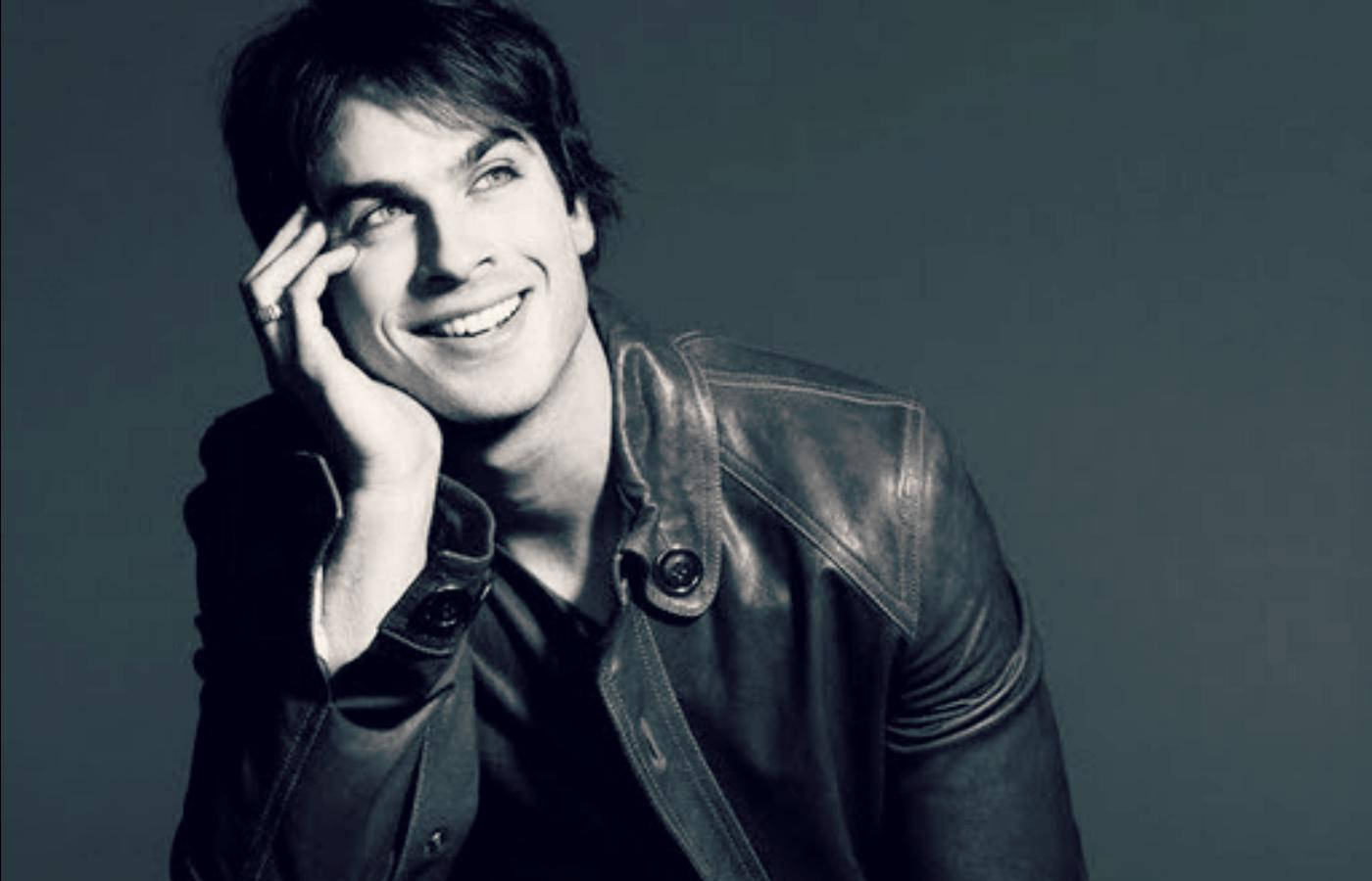 Damon Salvatore, leather jacket, muted gray background, HD Desktop Wallpaper