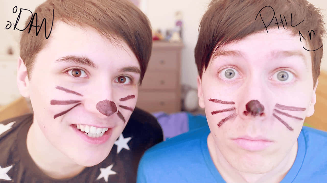 Dan and Phil, cat face paint, cozy bedroom, HD Desktop Wallpaper