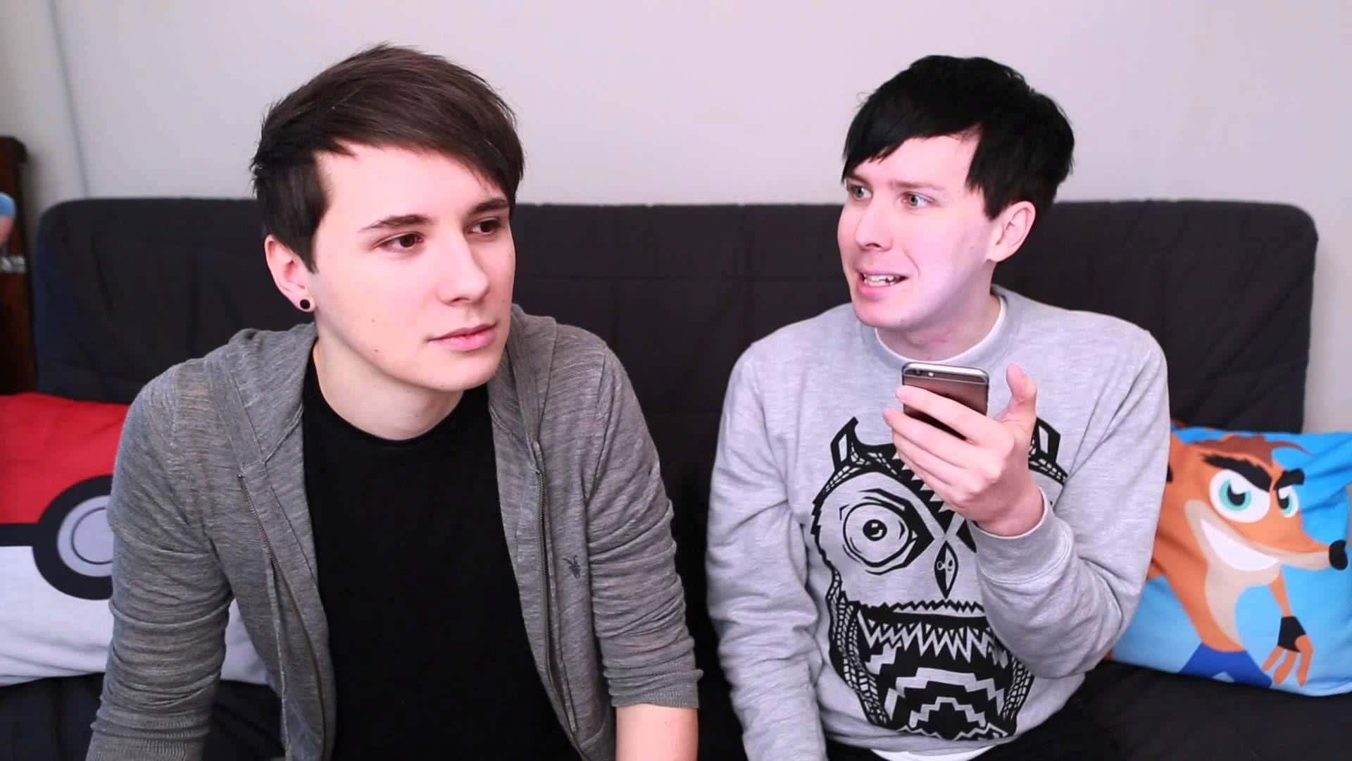 Dan and phil, couch, phone, Full HD Desktop Wallpaper