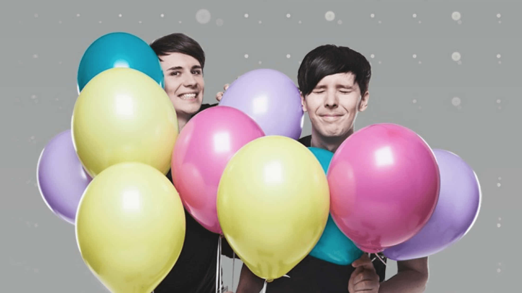 Dan and Phil, colorful balloons, gray backdrop, Full HD Desktop Wallpaper