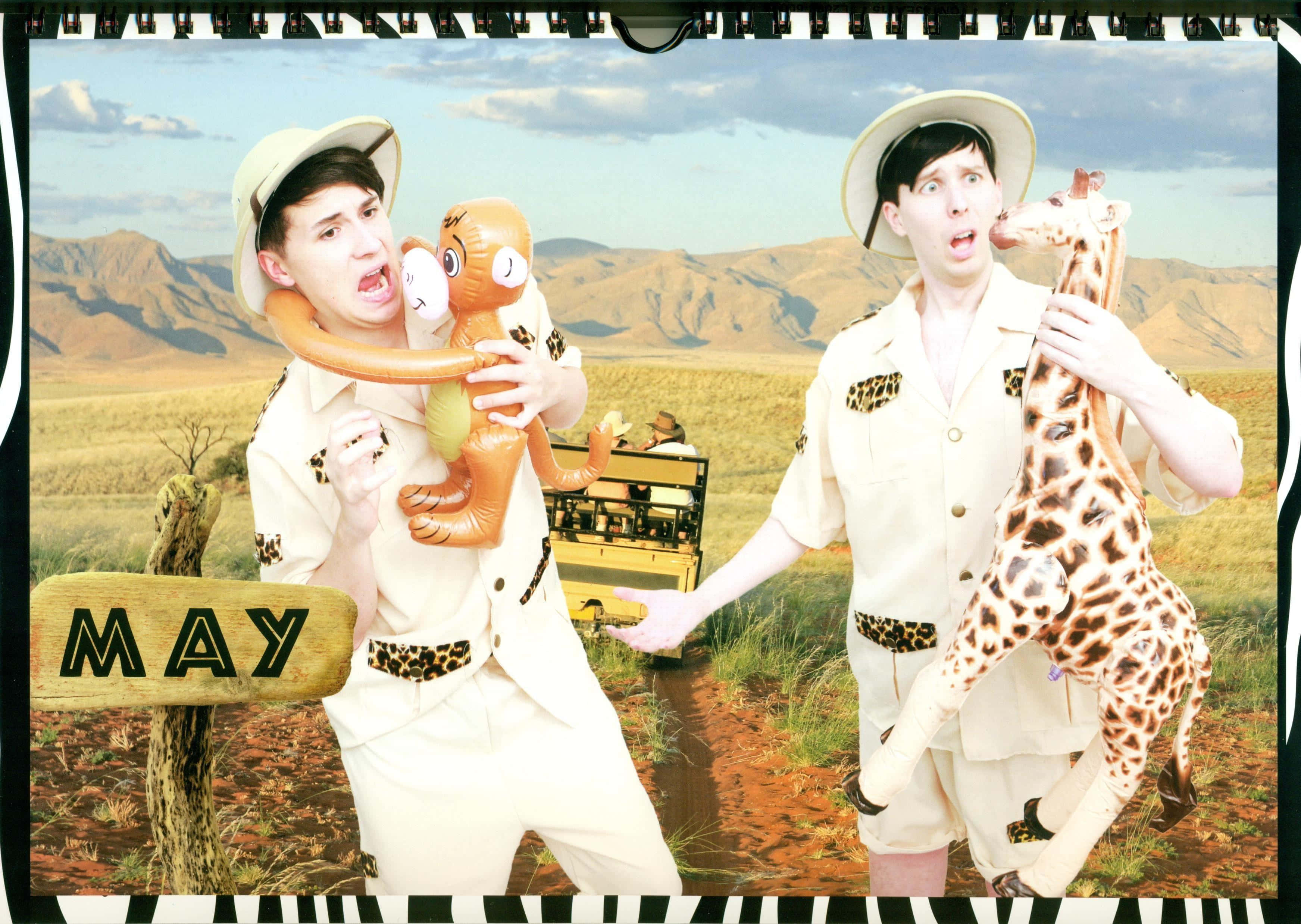 Dan and phil, safari outfits, inflatable animals, 2K Desktop Wallpaper