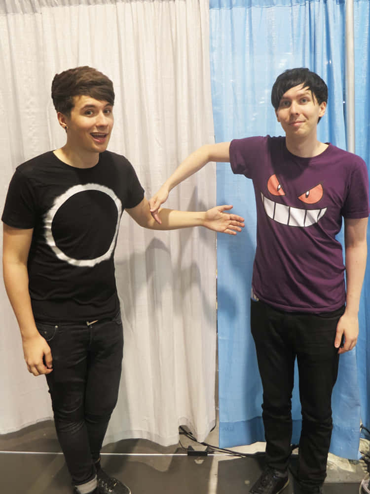 Dan and Phil, white and blue curtain, casual t-shirts, SD Phone Wallpaper