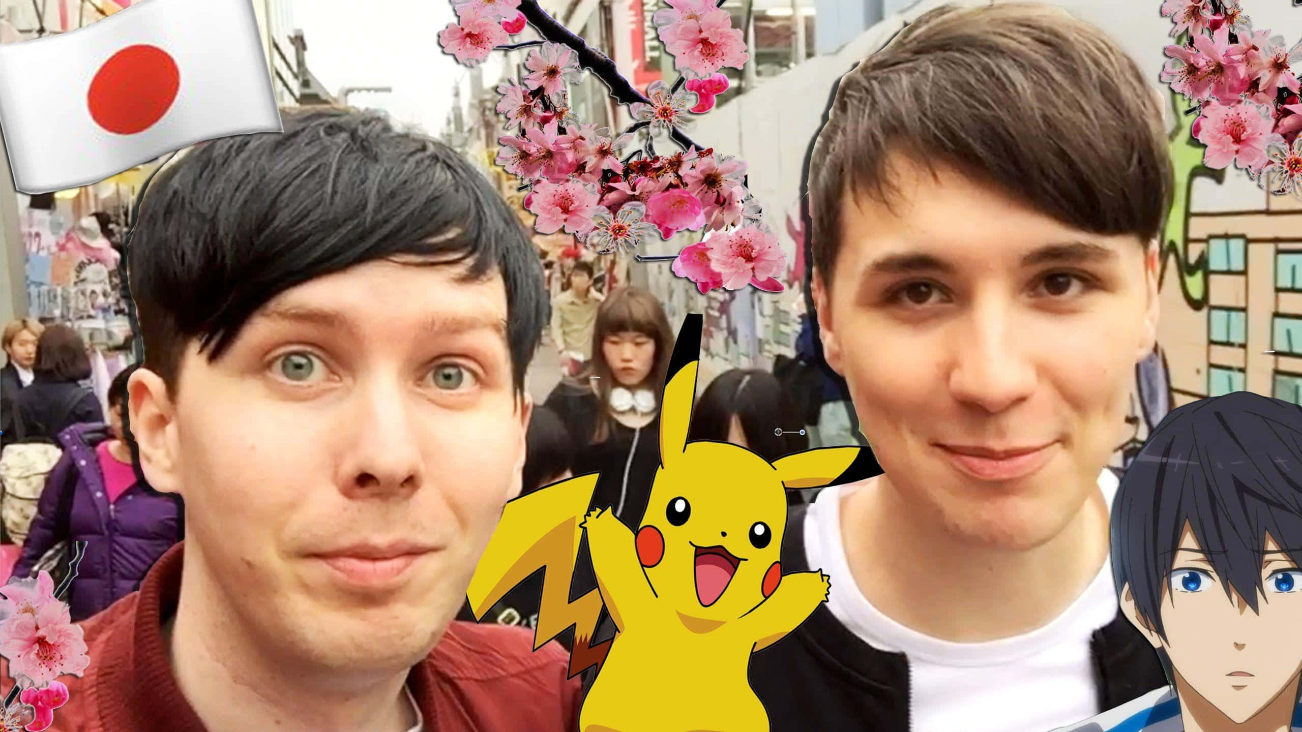 Dan and Phil, Japanese street, cherry blossoms, 2K Desktop Wallpaper
