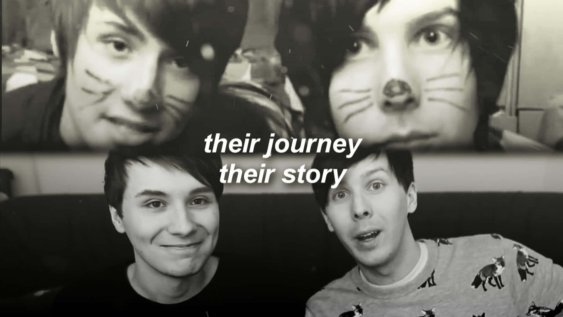 Dan and Phil, cat faces, black and white photo collage, Full HD Desktop Wallpaper
