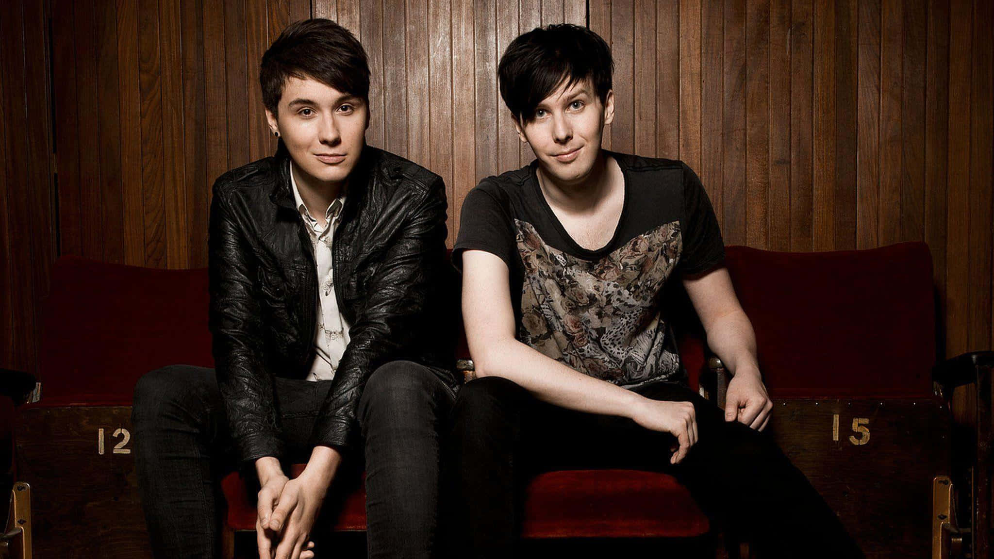Dan and Phil, red theater seats, warm wooden paneled wall, Full HD Desktop Wallpaper