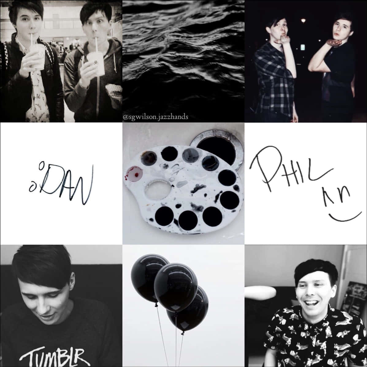 Dan and Phil, black and white collage, nine photos, SD Desktop Wallpaper