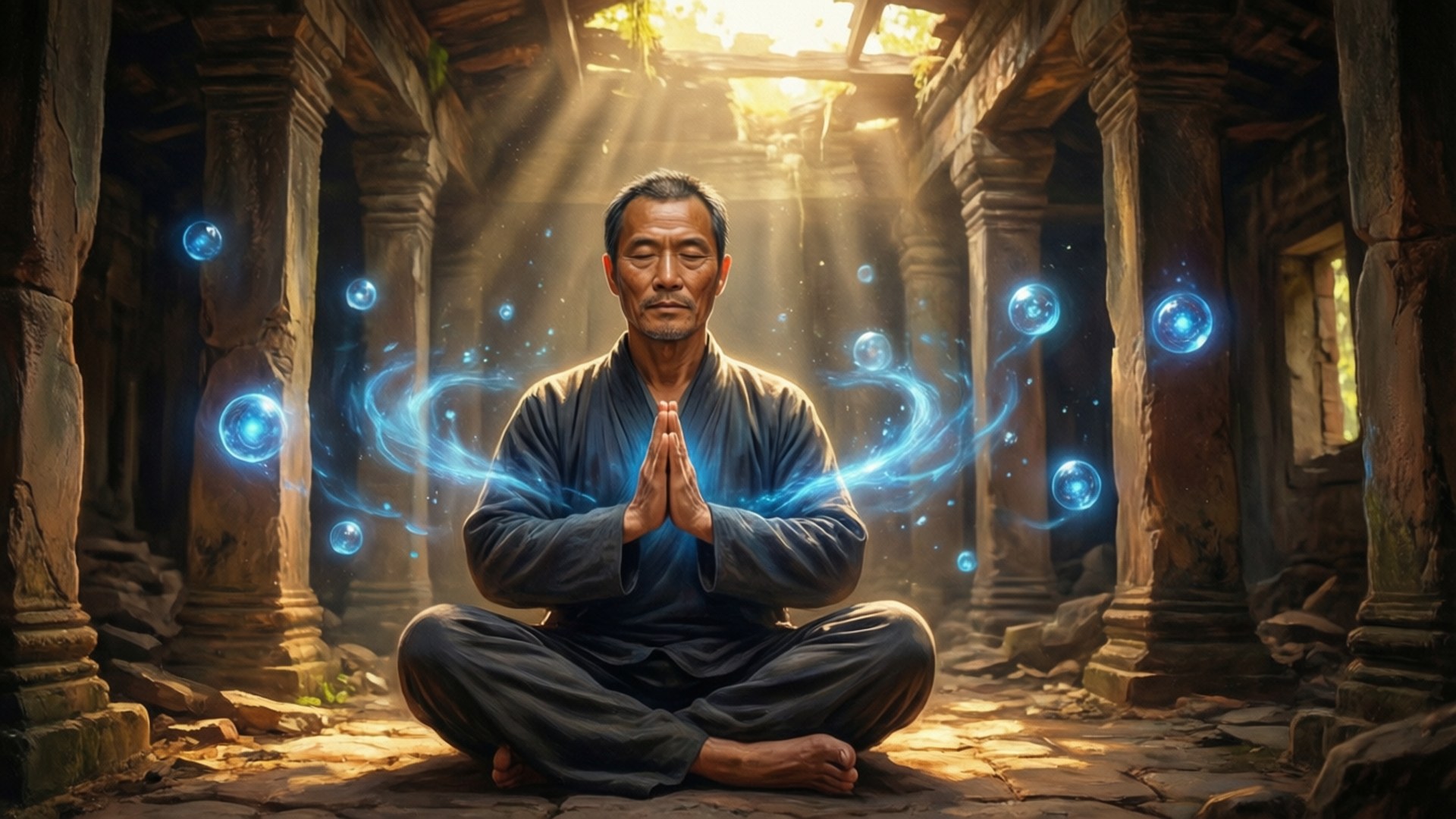 Dan Heng, ancient temple ruin, floating energy orbs, Full HD Desktop Wallpaper