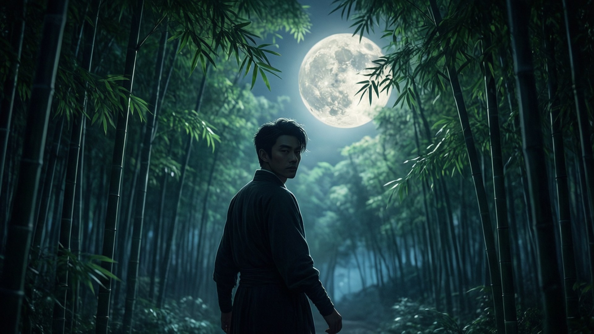 Dan Heng, bamboo forest, full moon, Full HD Desktop Wallpaper