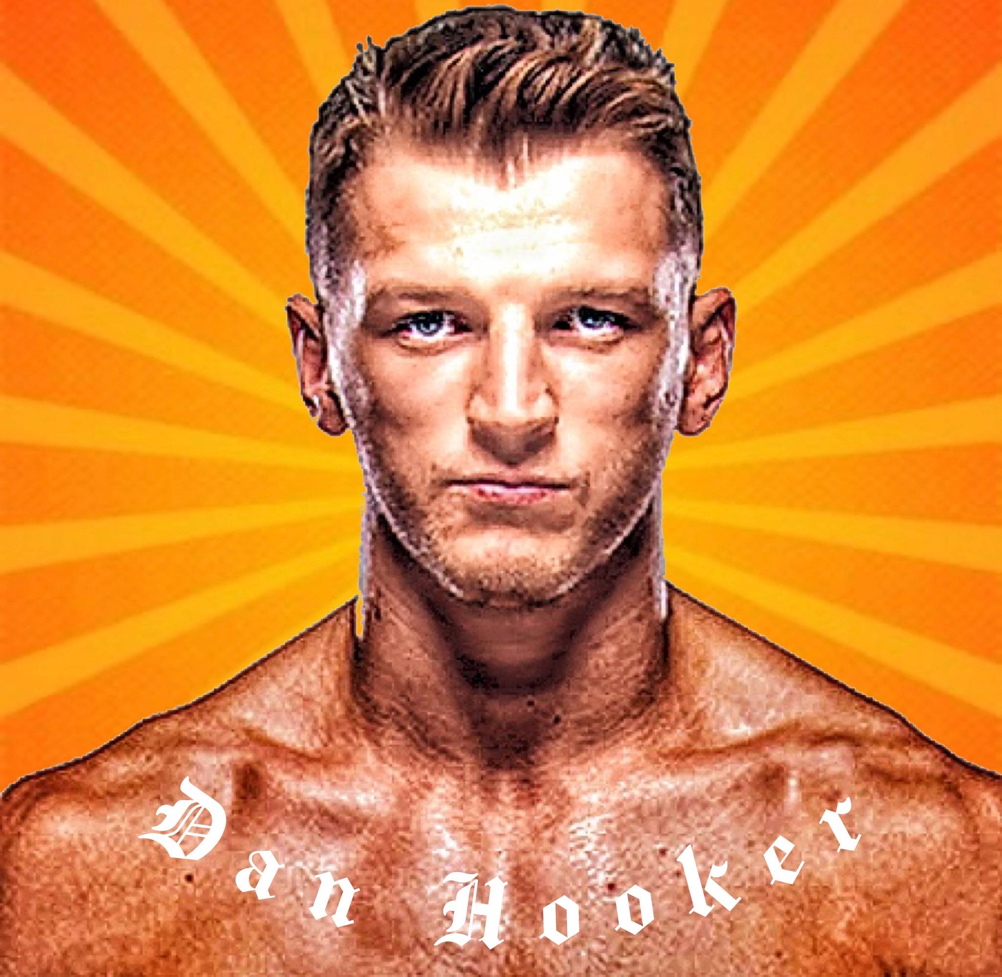 Dan Hooker, intense blue eyes, vibrant orange sunburst background, Full HD Desktop Wallpaper