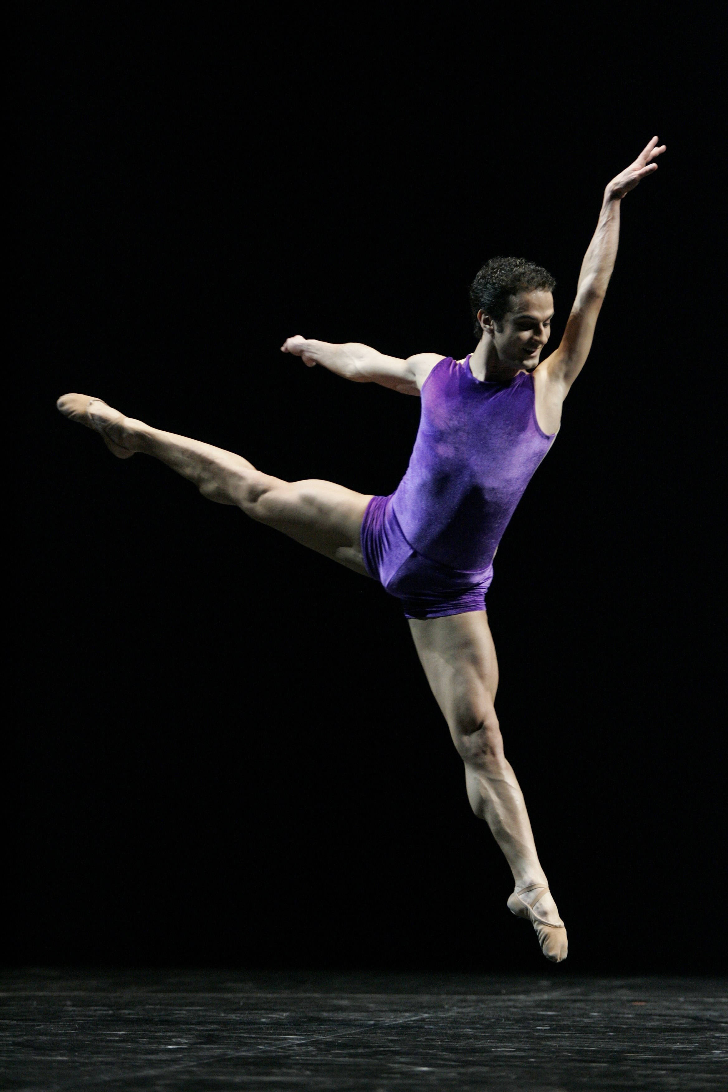 male ballet dancer, purple leotard, arabesque dance pose, 2K Phone Wallpaper