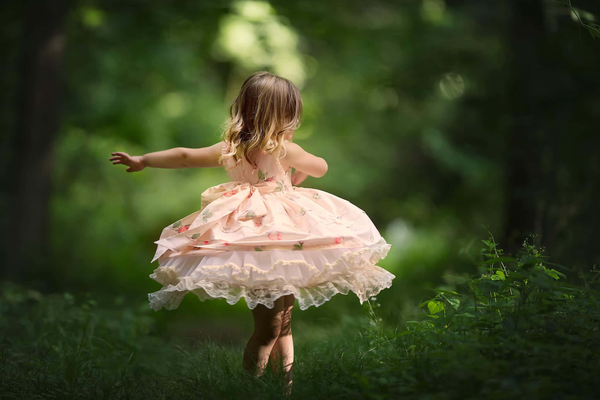 peach floral dress, sunlit forest clearing, young girl, Full HD Desktop Wallpaper
