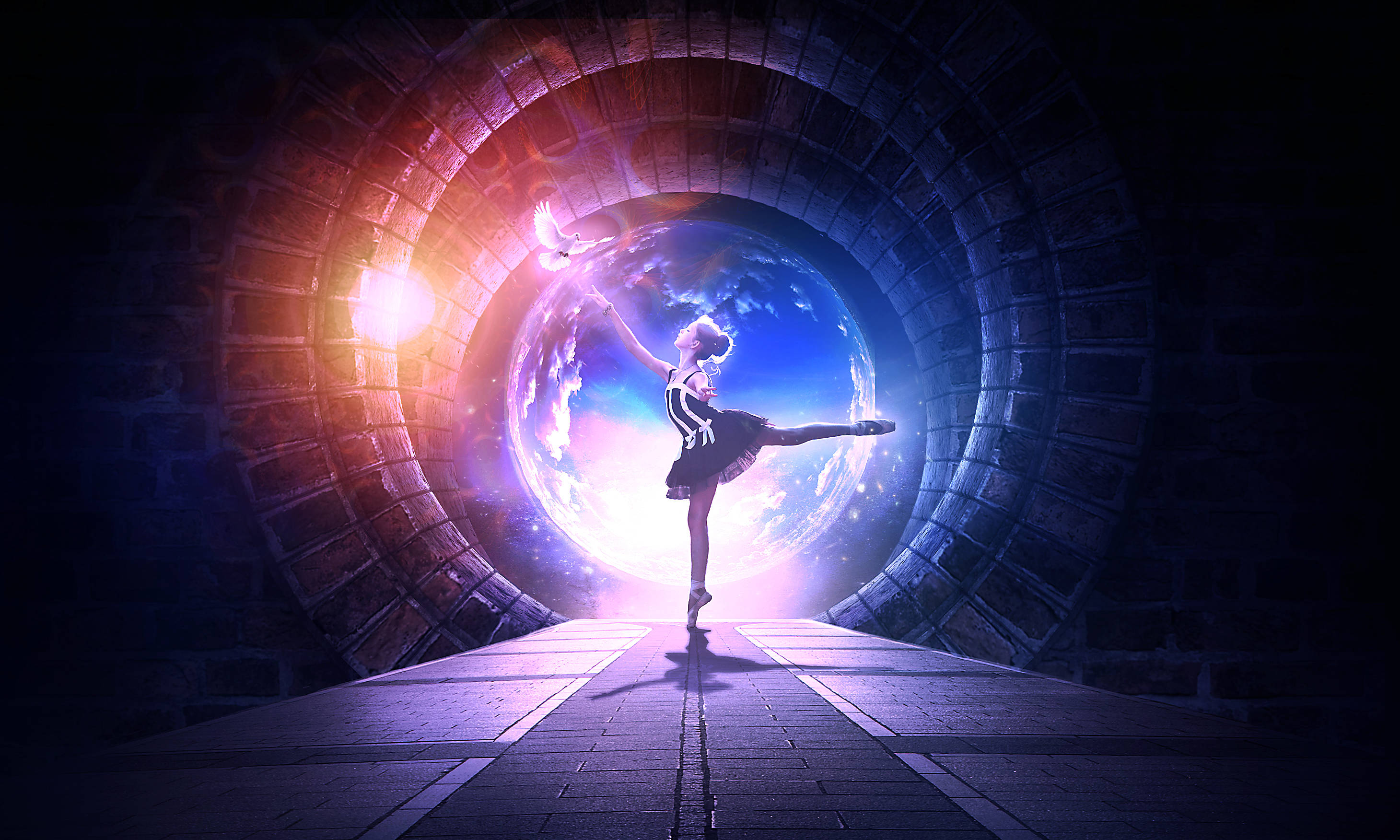 ballerina, rainbow tunnel, glowing planet Earth, 2K Desktop Wallpaper