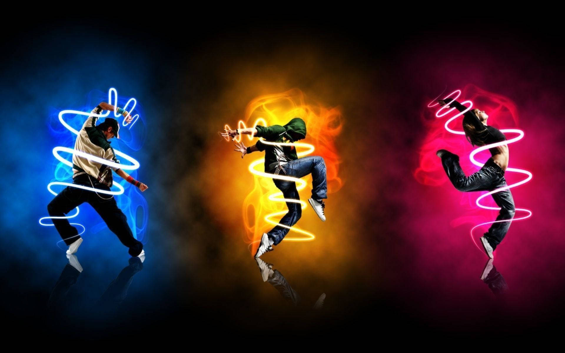 neon dance pose, vibrant colored backgrounds, glowing spiral light trails, Full HD Desktop Wallpaper