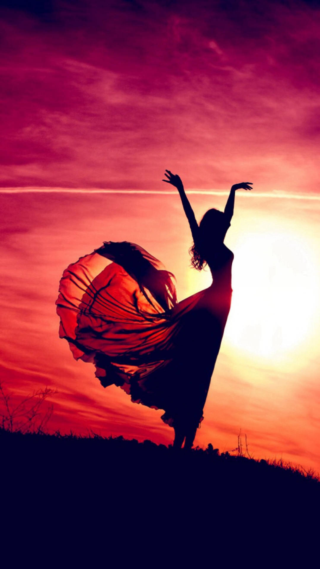 Lady s sunset dance, sunset sky, silhouetted dancer, Full HD Phone Wallpaper