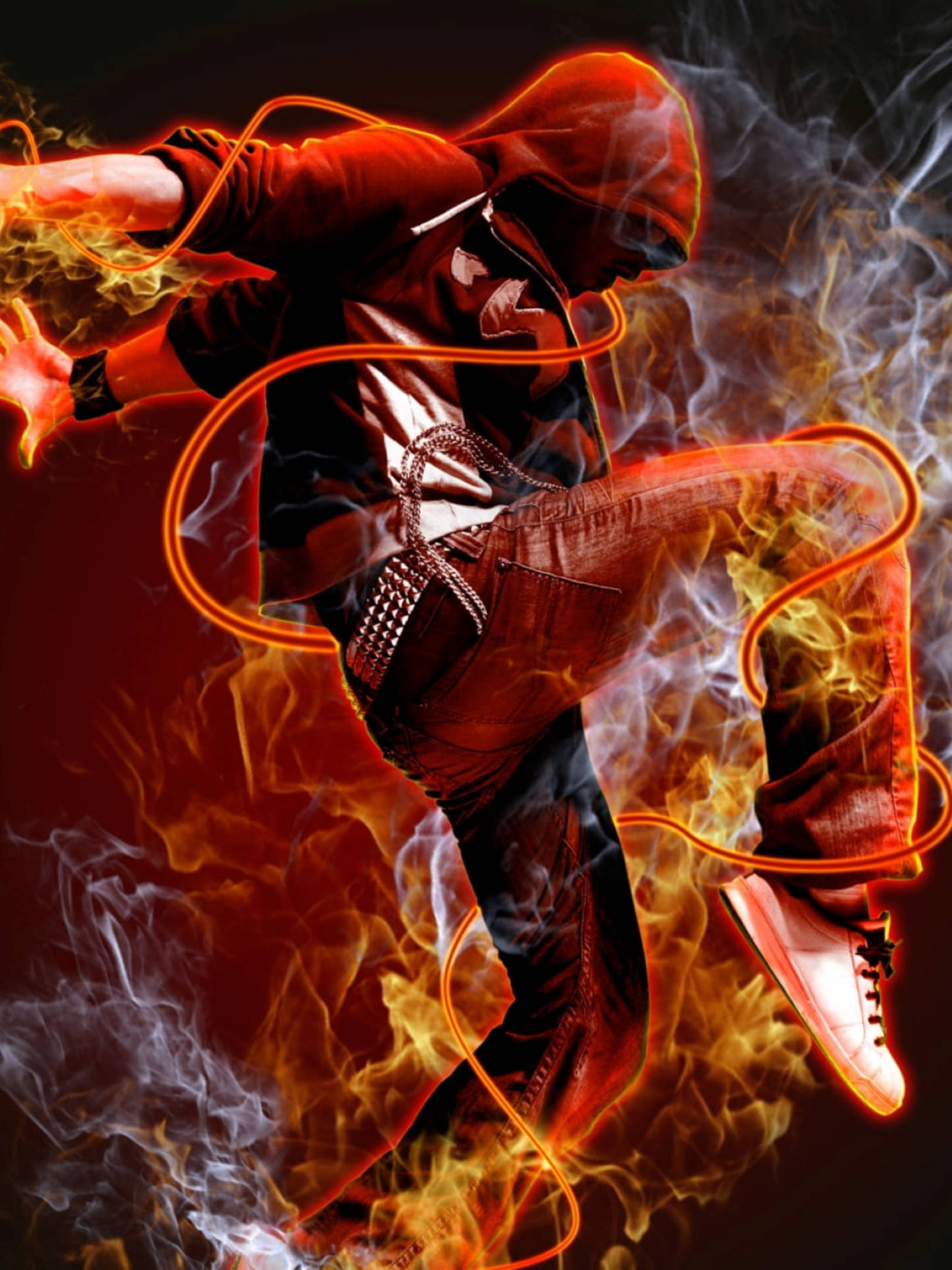 red hoodie, jeans, swirling flames, Full HD Phone Wallpaper