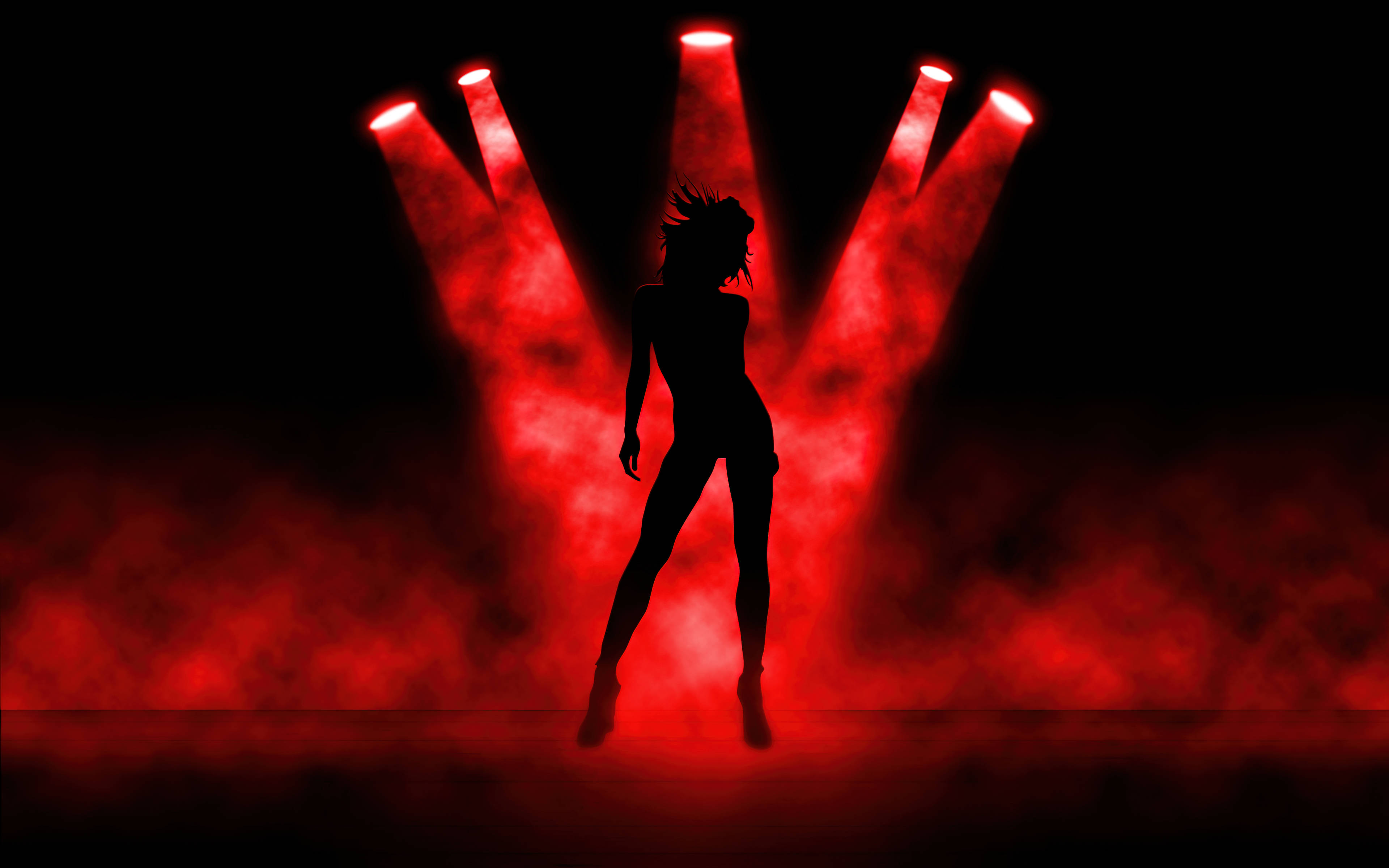 Black Red 4K Silhouette, dancer's silhouette, five intense red spotlights, 4K Desktop Wallpaper