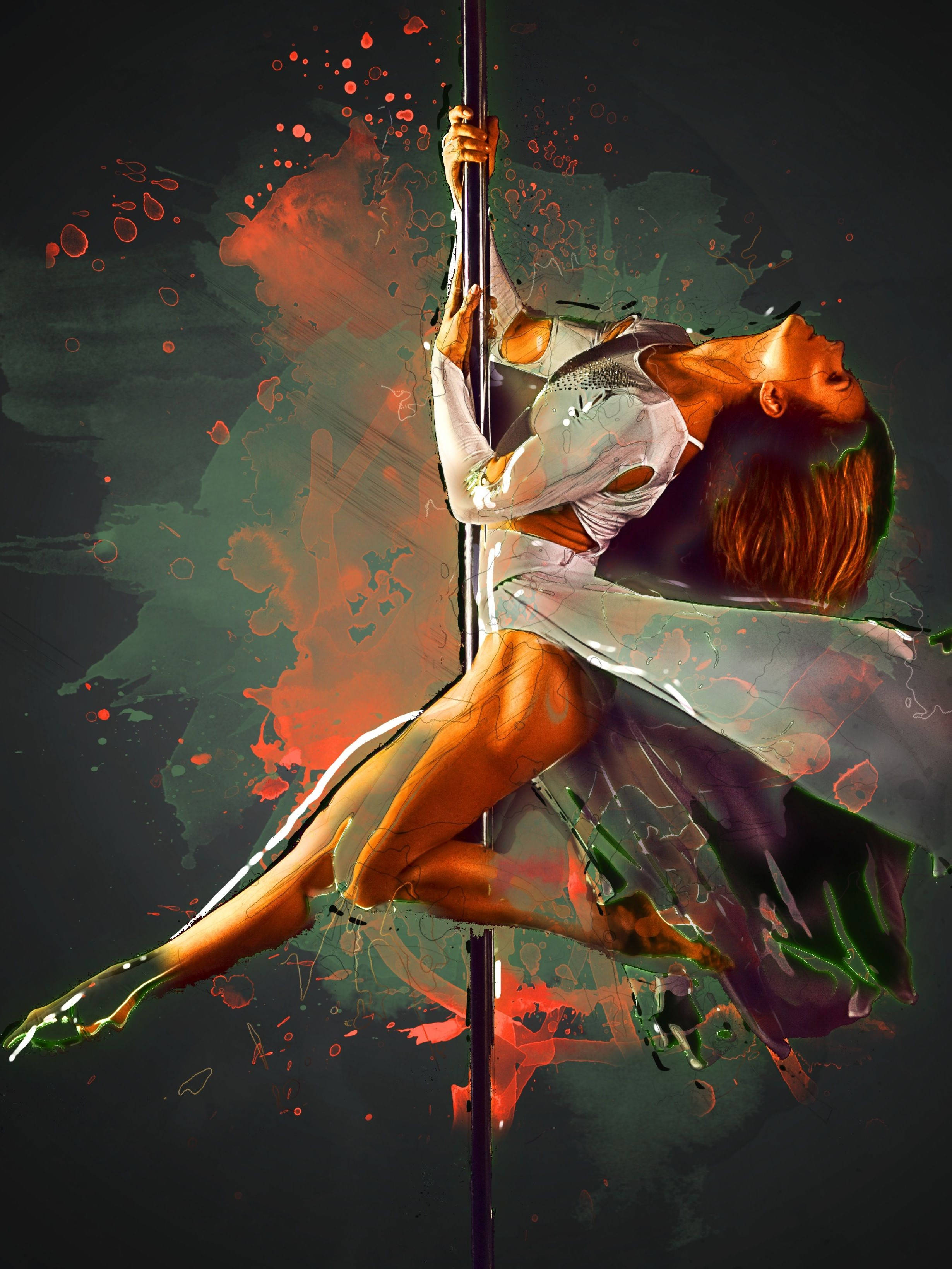 pole dancer, flowing white outfit, vibrant abstract background, 2K Phone Wallpaper