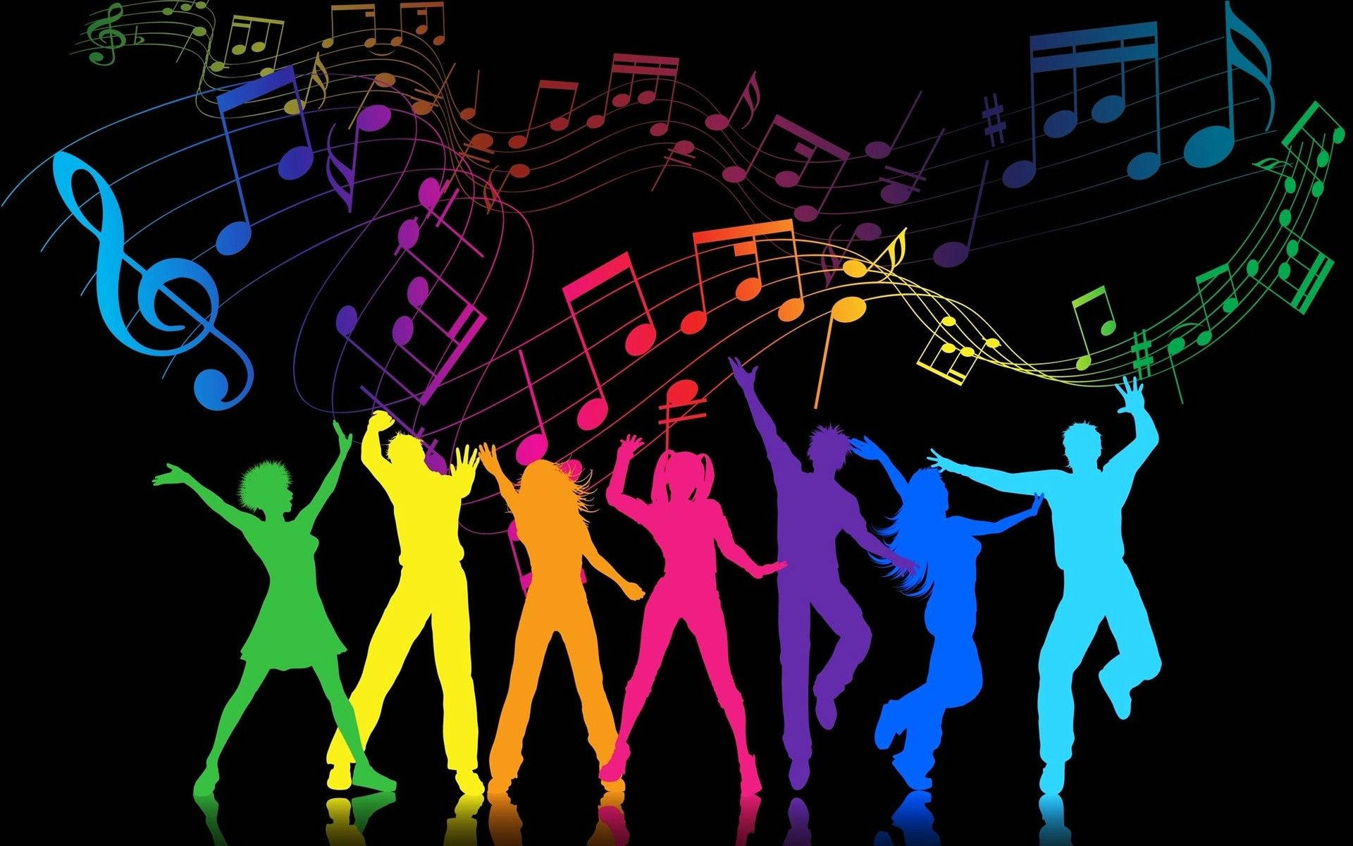 Dance Pop Colors, rainbow silhouettes, swirling colorful musical notes, Full HD Desktop Wallpaper