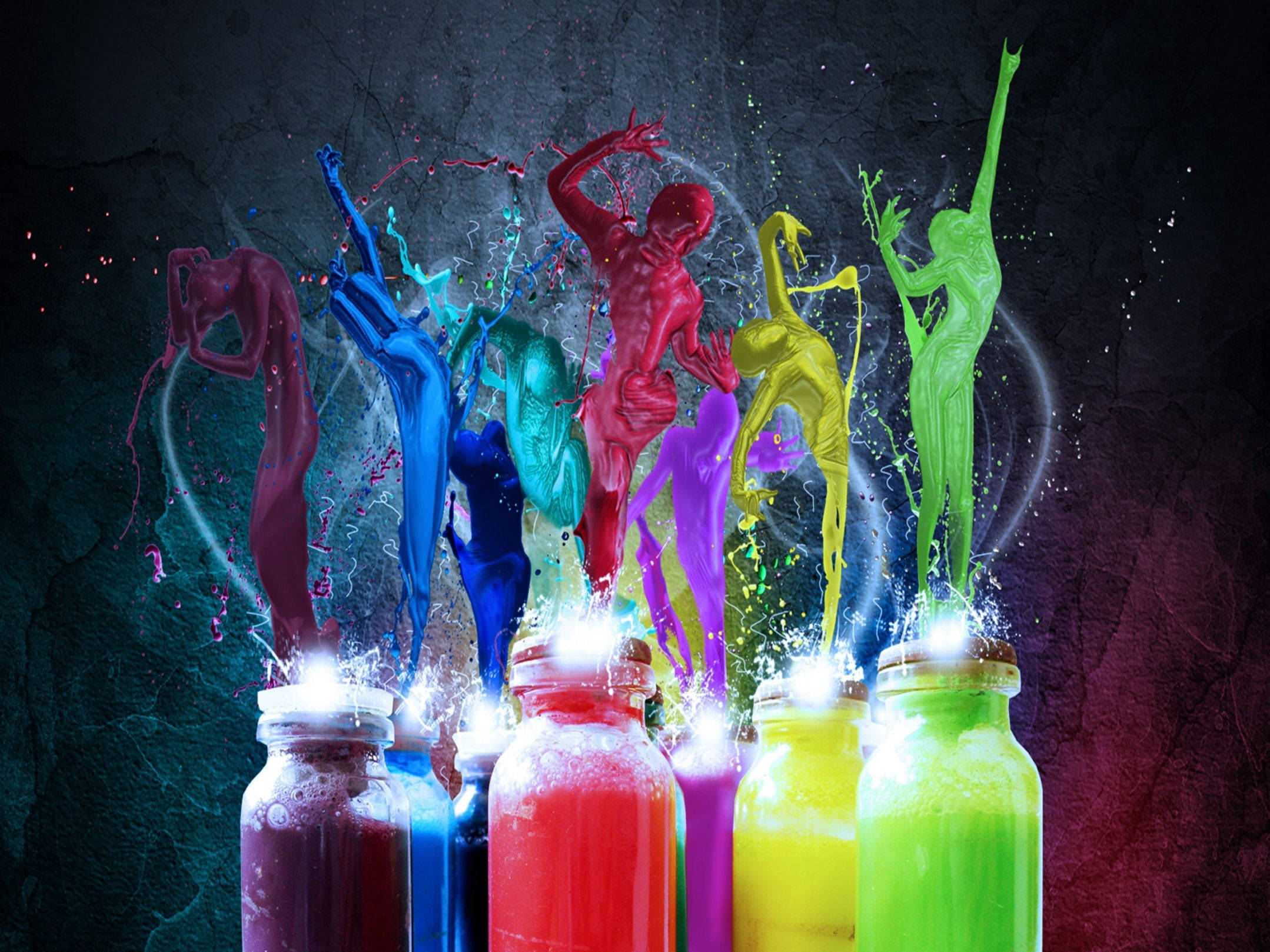 Color Paint Dance, vibrant paint splashes, glowing bottles, Full HD Desktop Wallpaper