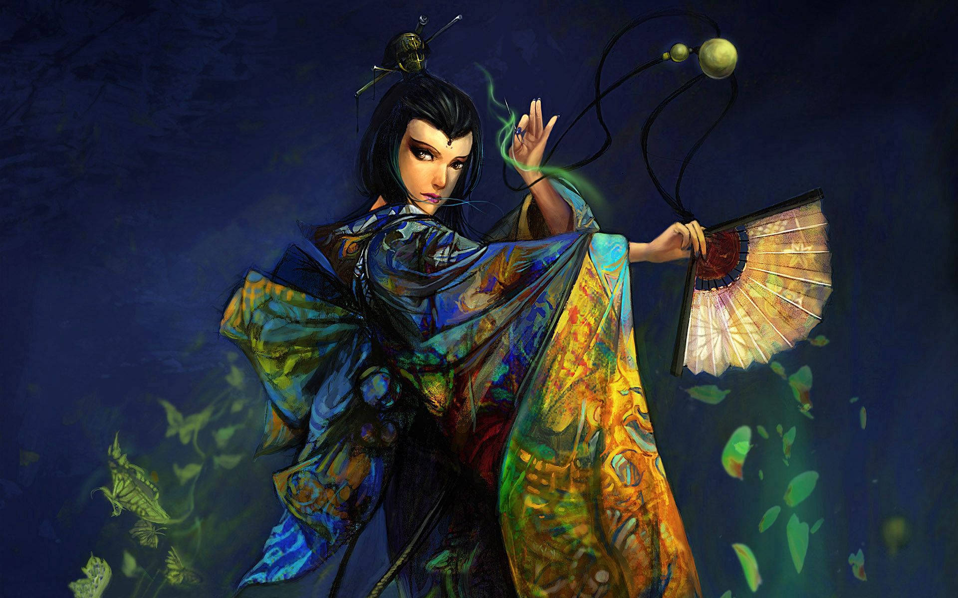 kimono, anime woman, flowing colorful robes, Full HD Desktop Wallpaper