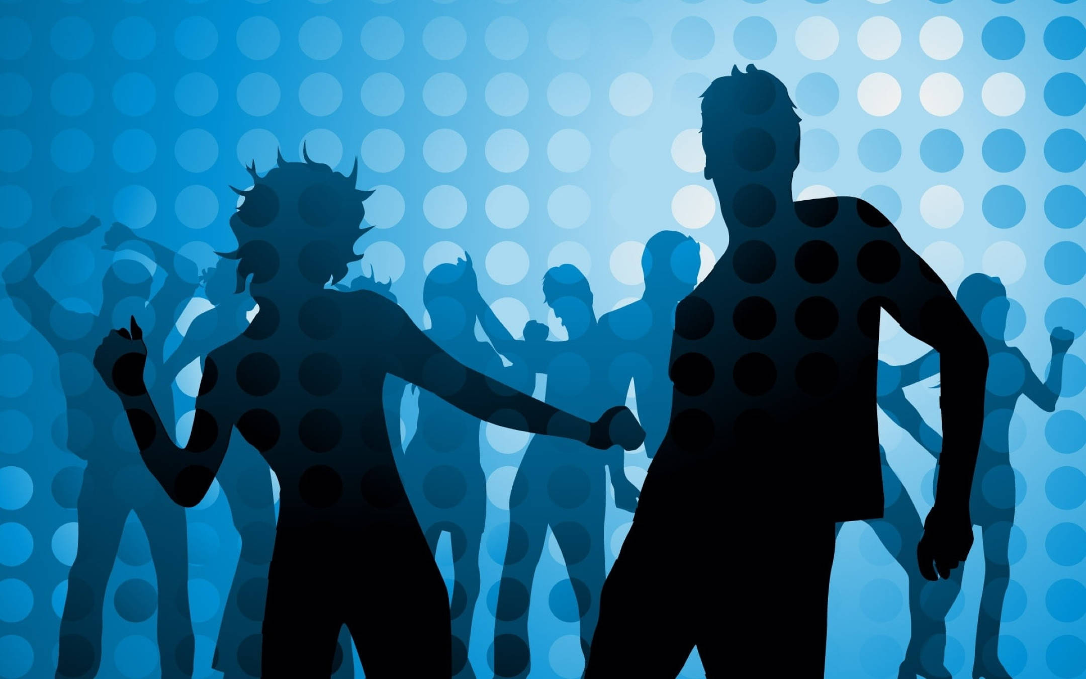 blue polka dot background, silhouetted dancers, dynamic poses, Full HD Desktop Wallpaper