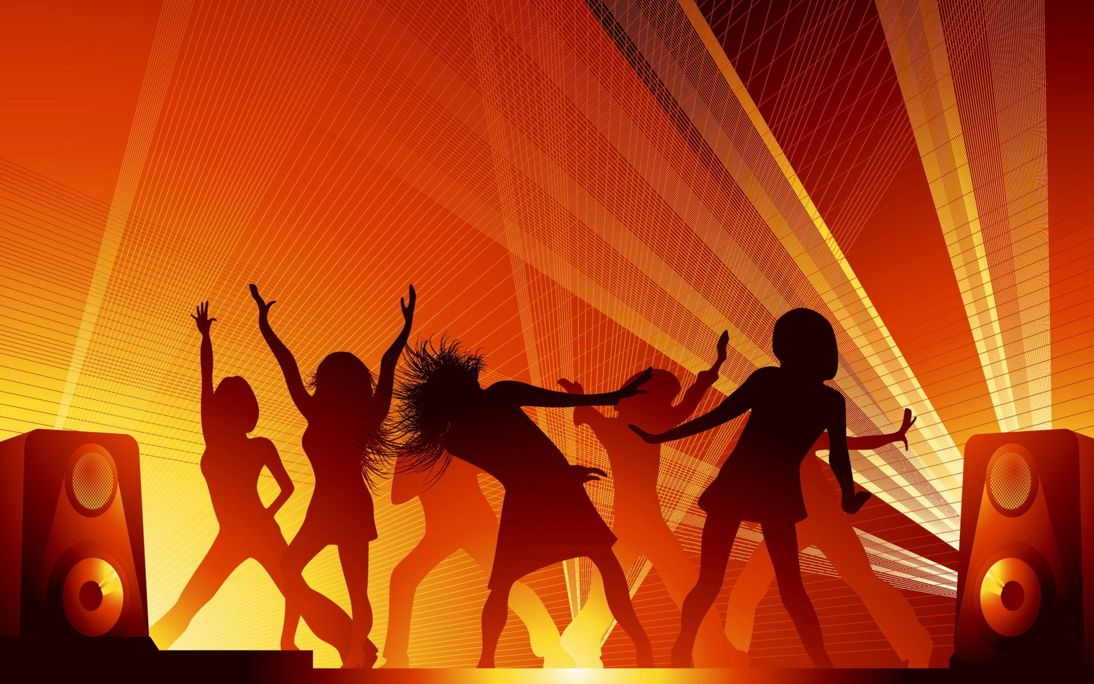 Orange Black Party Dance Art, silhouetted dancers, radiant orange stage lights, 4K Desktop Wallpaper