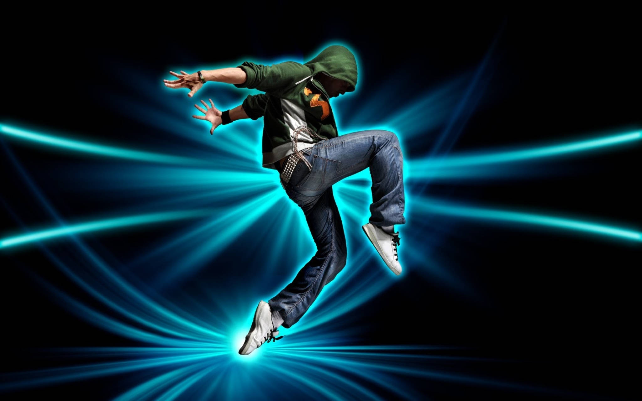 neon hip hop dance, green hoodie, glowing blue light streaks, Full HD Desktop Wallpaper