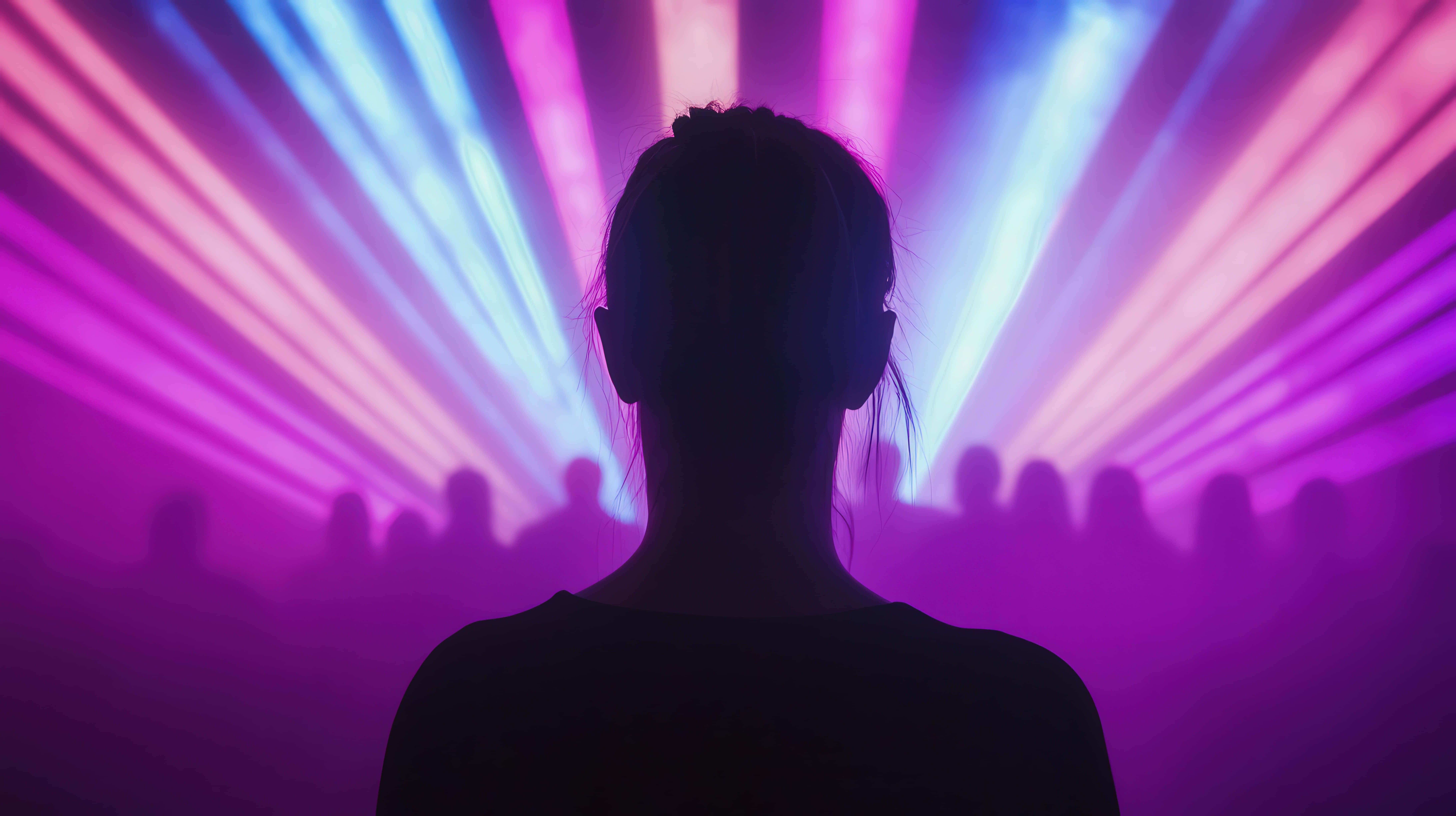 silhouette of a woman, vibrant purple and blue laser lights, crowd shadows, 8K Desktop Wallpaper