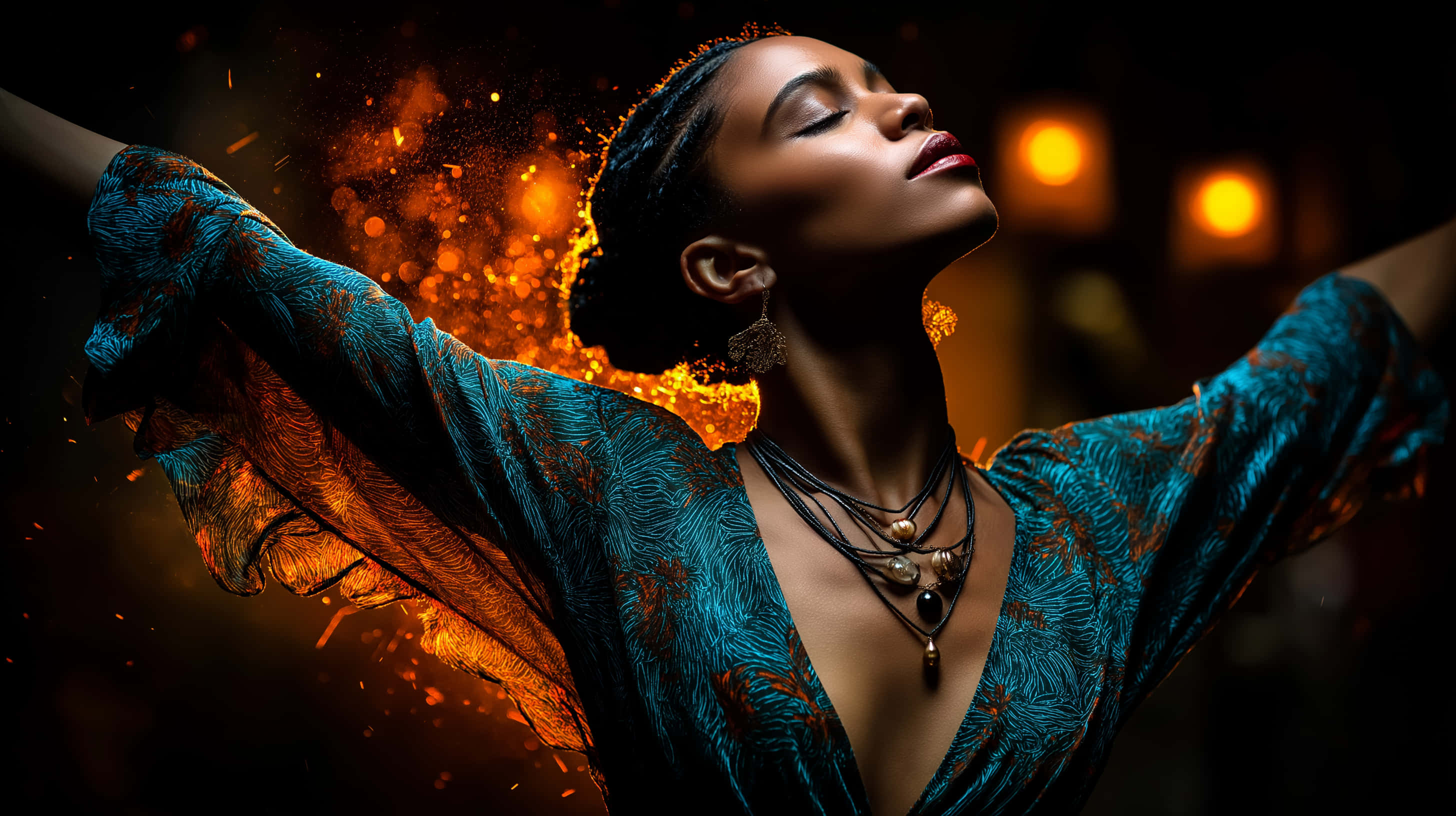 woman dancing, cosmic energy, fiery abstract glow, 2K Desktop Wallpaper