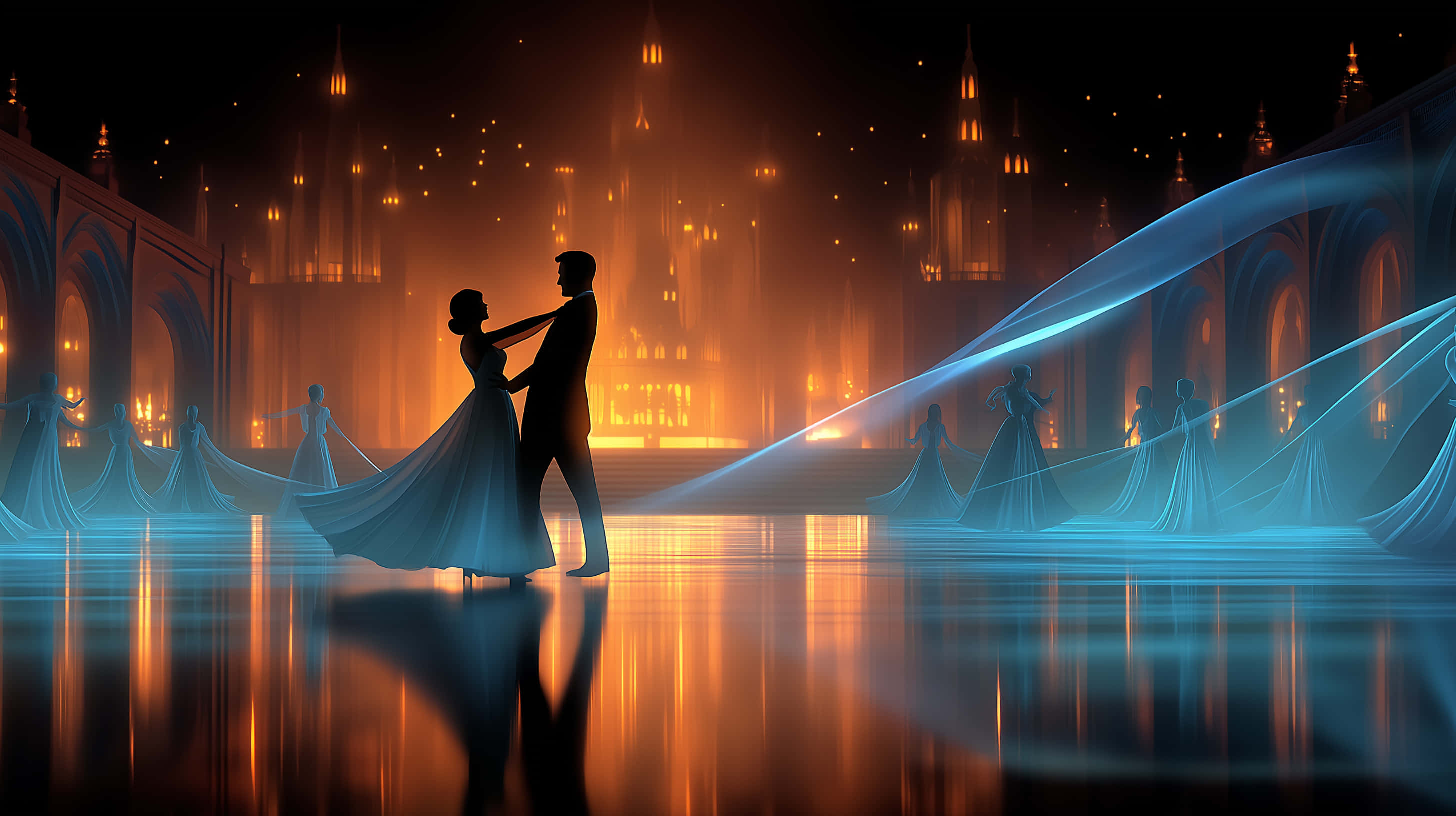 elegant couple, grand hall, glowing orange architecture, 2K Desktop Wallpaper