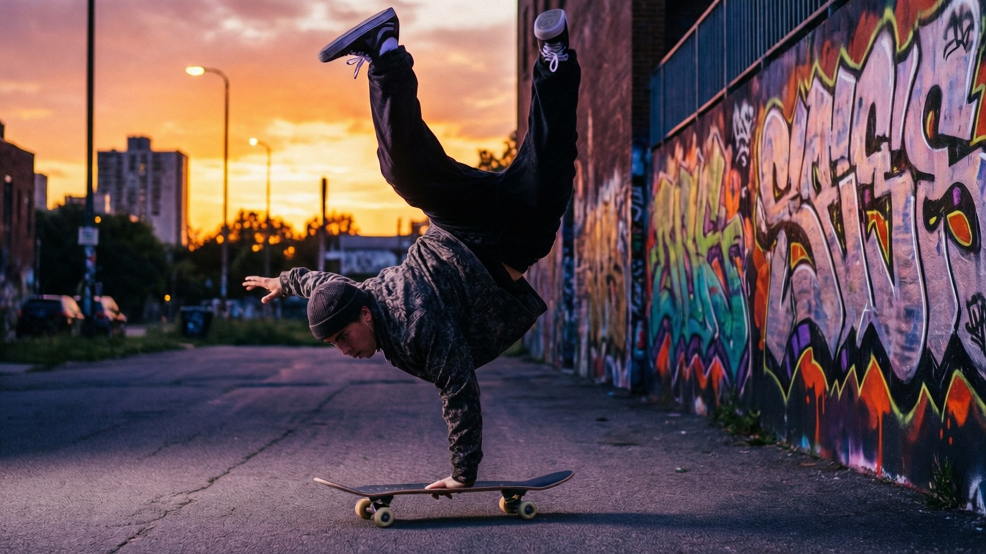 skateboard, handstand, graffiti-covered wall, Full HD Desktop Wallpaper