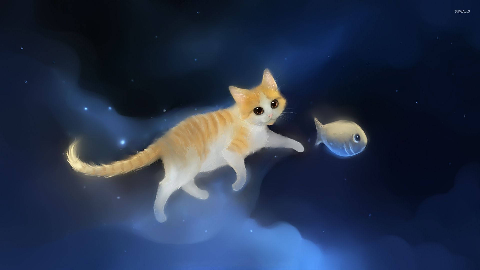 fluffy orange kitten, glowing fish, starry cosmic void, Full HD Desktop Wallpaper