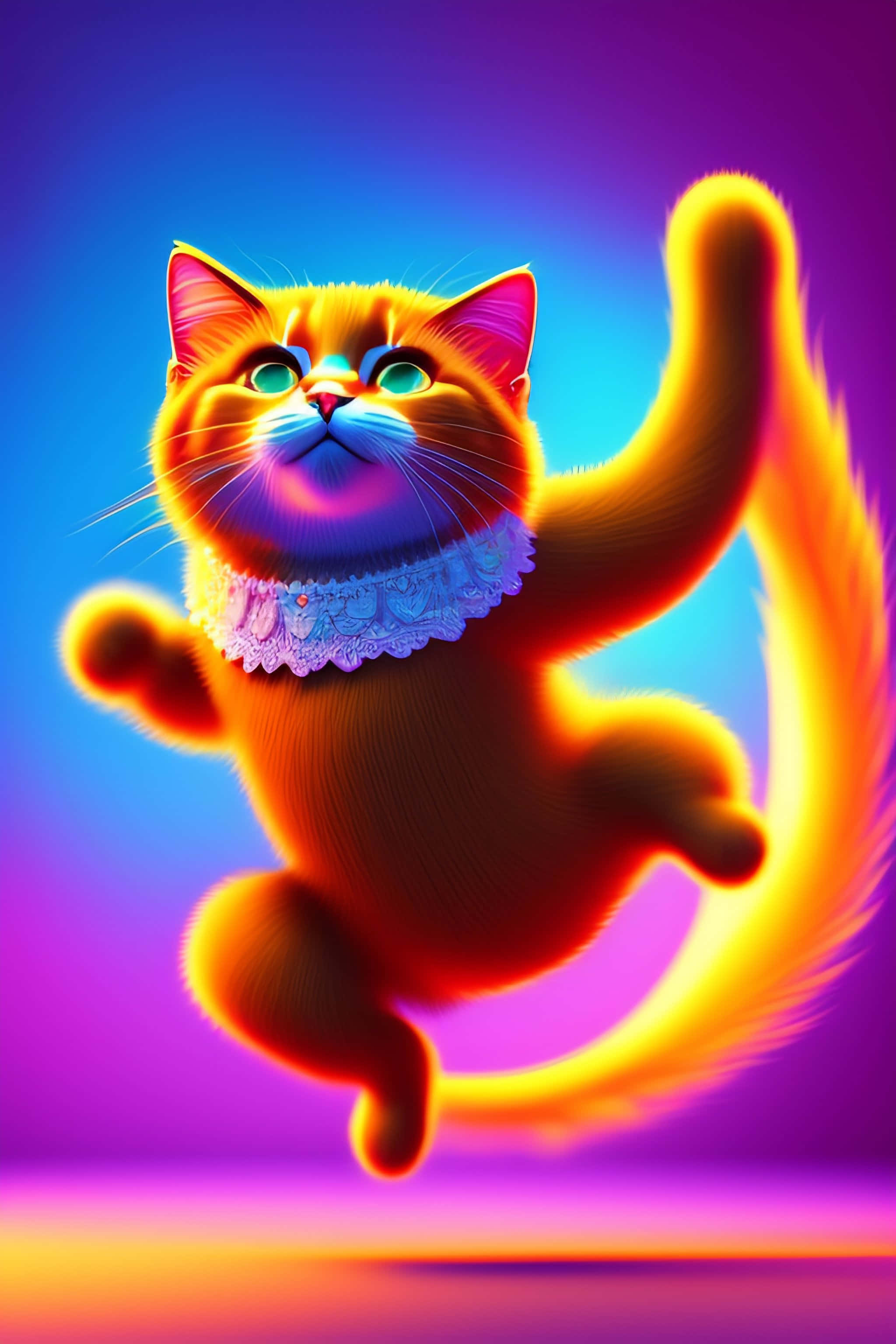 vibrant blue and purple gradient background, glowing orange cat, neon eyes, 2K Phone Wallpaper