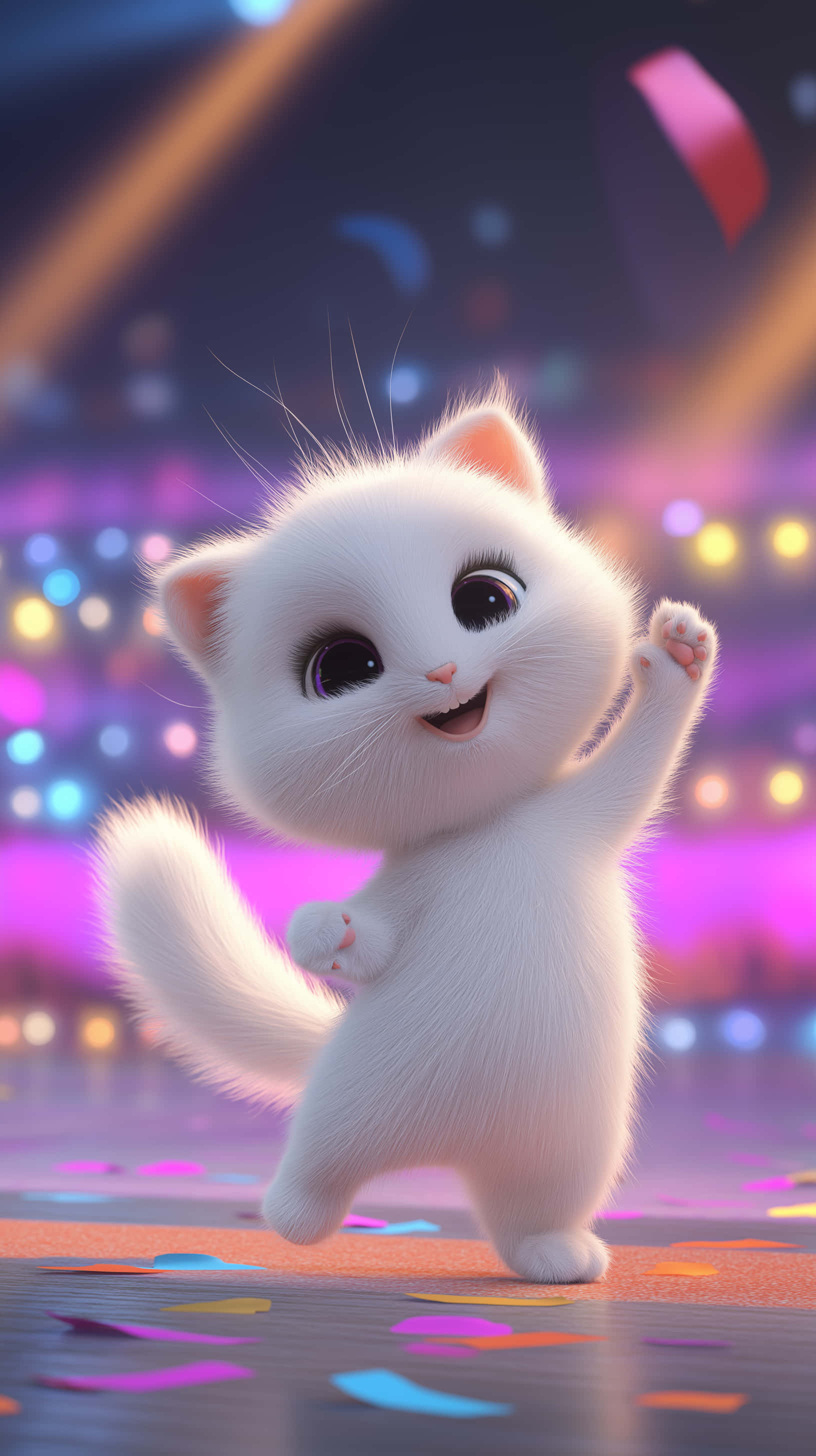 cheerful white kitten, light-filled stage, confetti-covered floor, 2K Phone Wallpaper