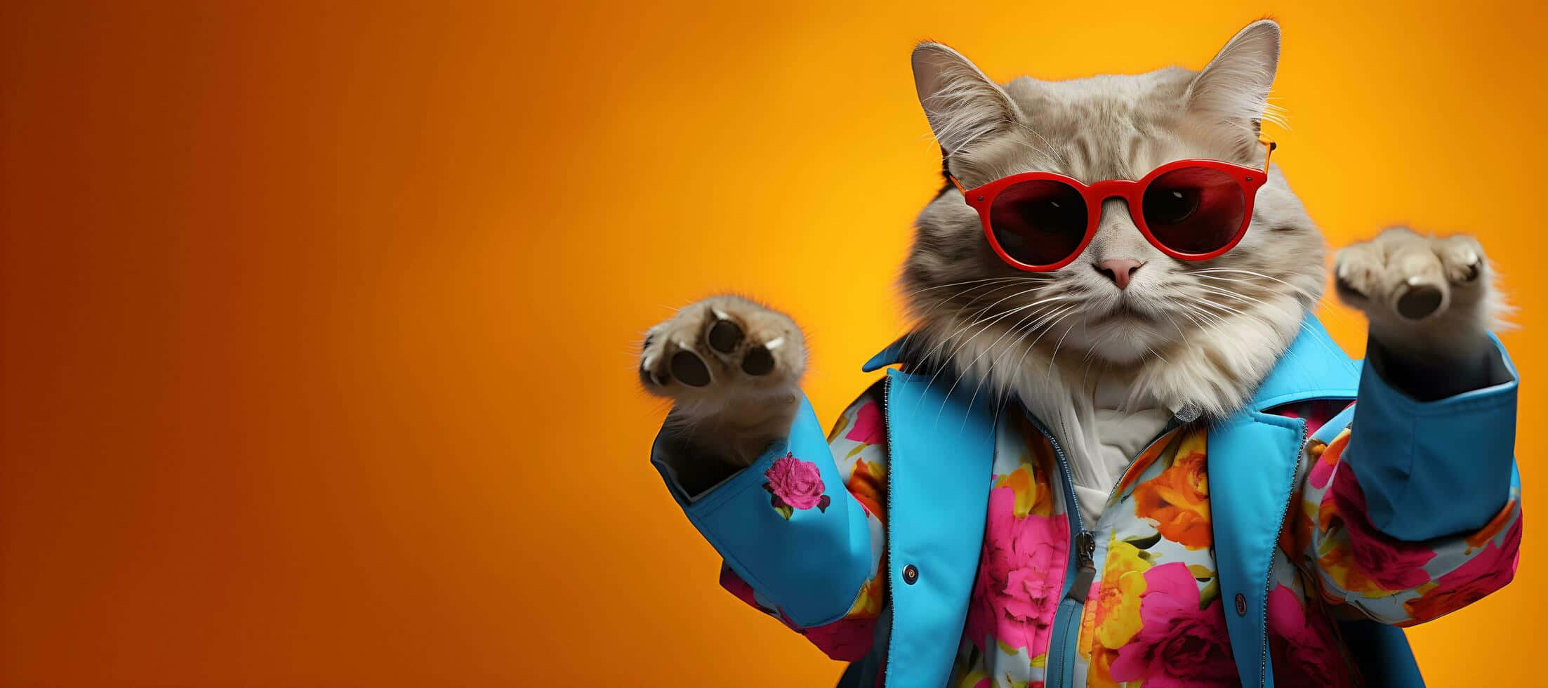 fluffy gray cat, red sunglasses, floral shirt, Full HD Desktop Wallpaper