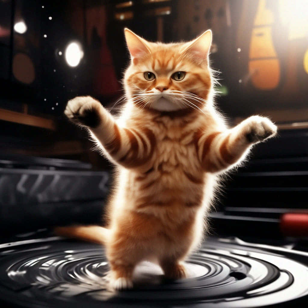 dancing orange tabby cat, vinyl record, ginger tabby cat, SD Desktop Wallpaper