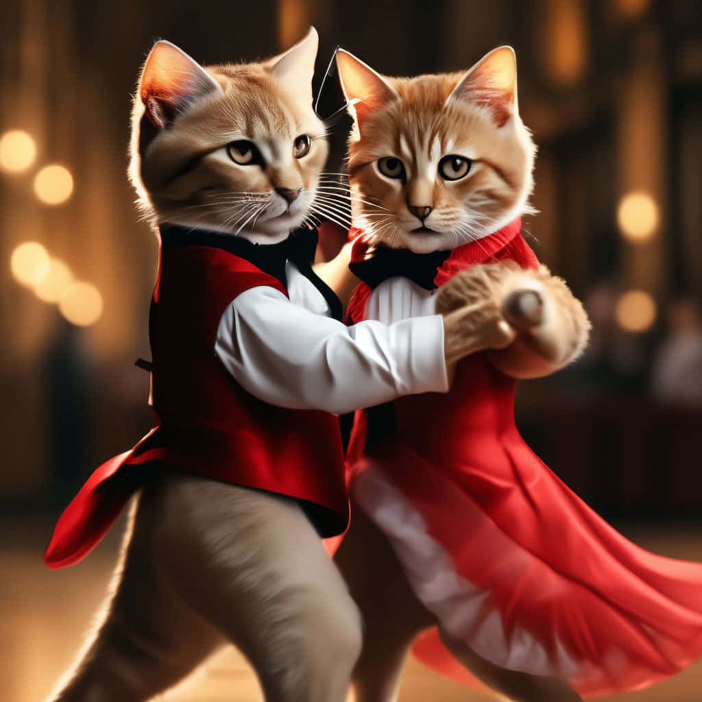 Elegant Cats Ballroom Dance, ginger cats, formal red and white attire, SD Desktop Wallpaper