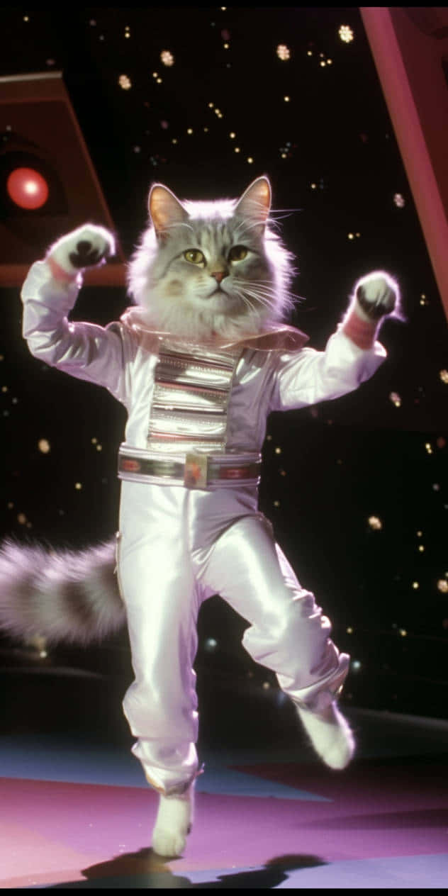 dancing astronaut cat, shiny silver astronaut suit, starry space backdrop, SD Phone Wallpaper