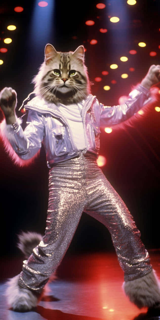 disco dancing cat, tabby cat, silver sequined outfit, SD Phone Wallpaper