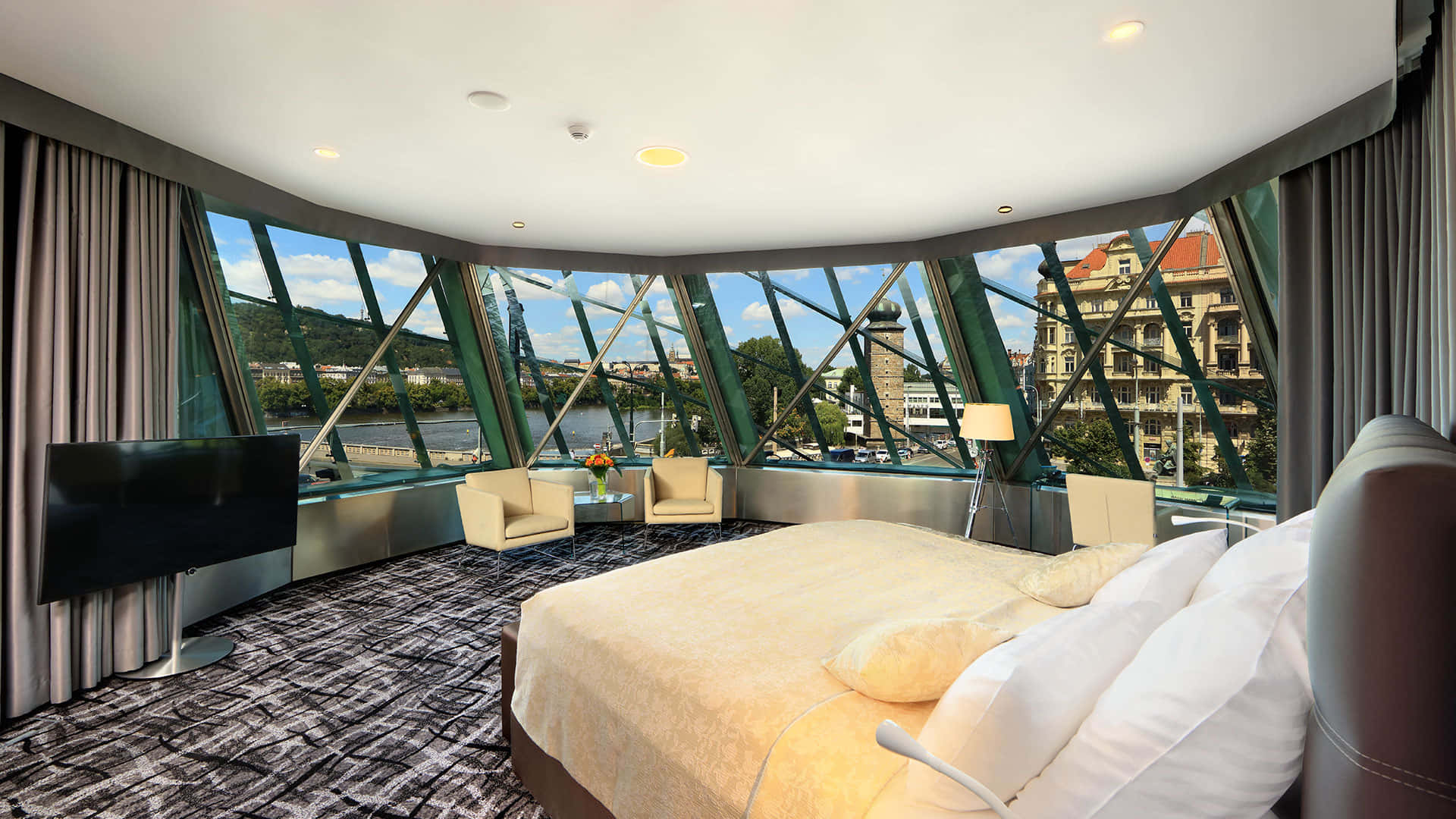 Dancing House, curved glass bedroom, panoramic city river view, Full HD Desktop Wallpaper