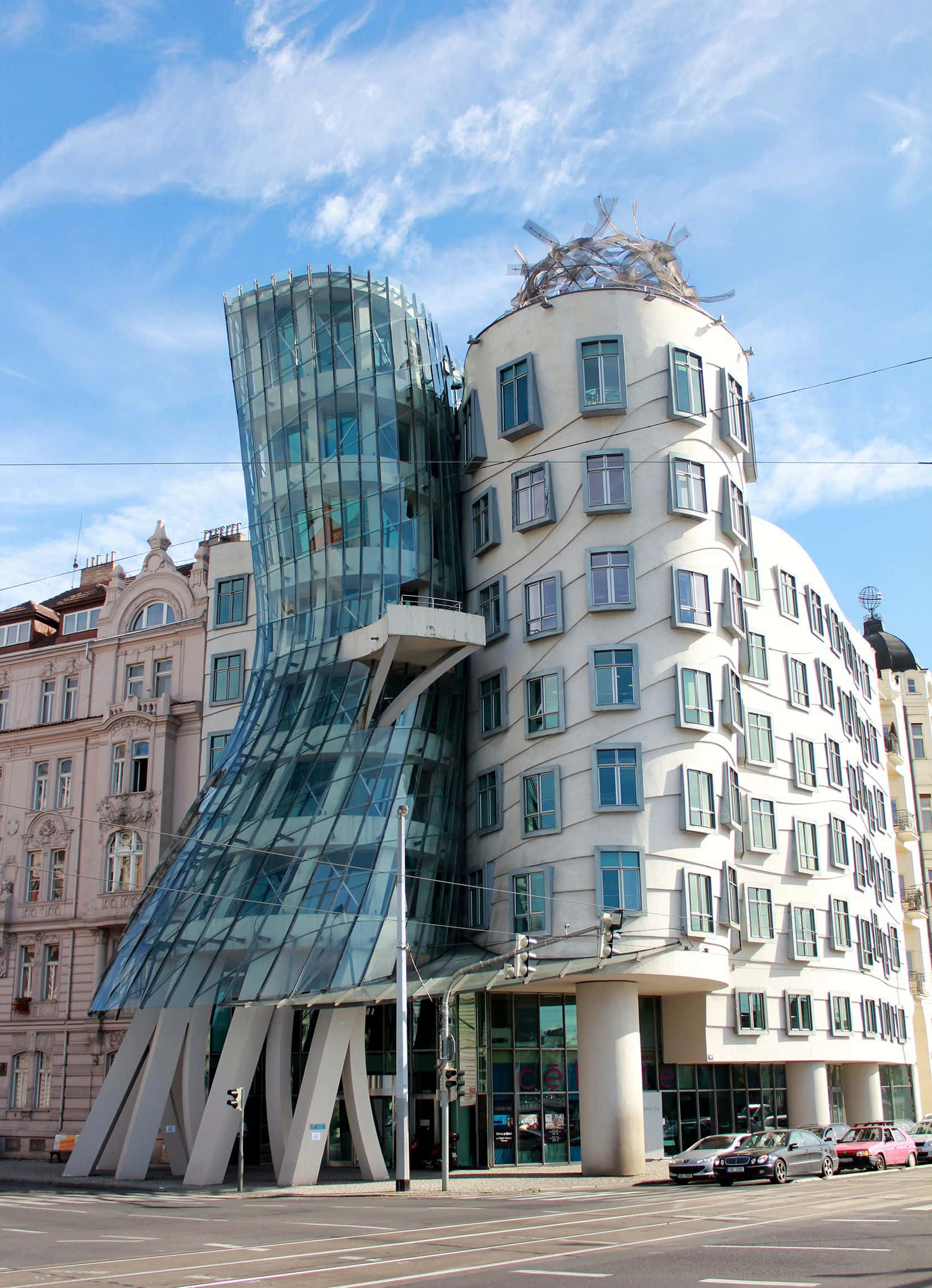 Dancing House, sunny day, modern glass, Full HD Phone Wallpaper