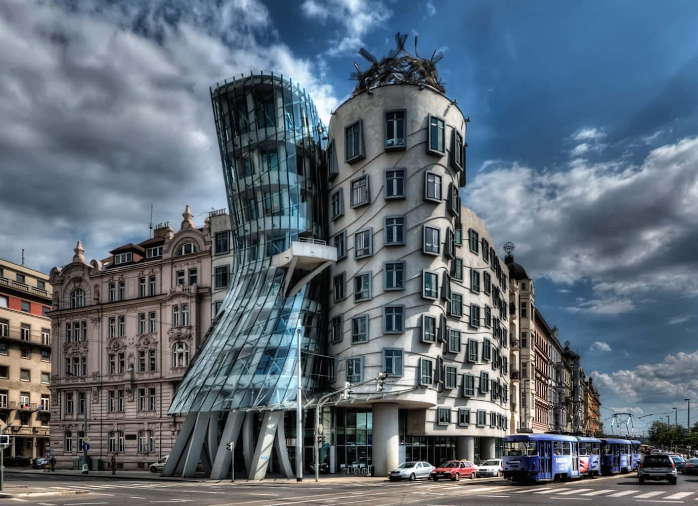 Dancing House, stormy clouds, glass and concrete building, HD Desktop Wallpaper