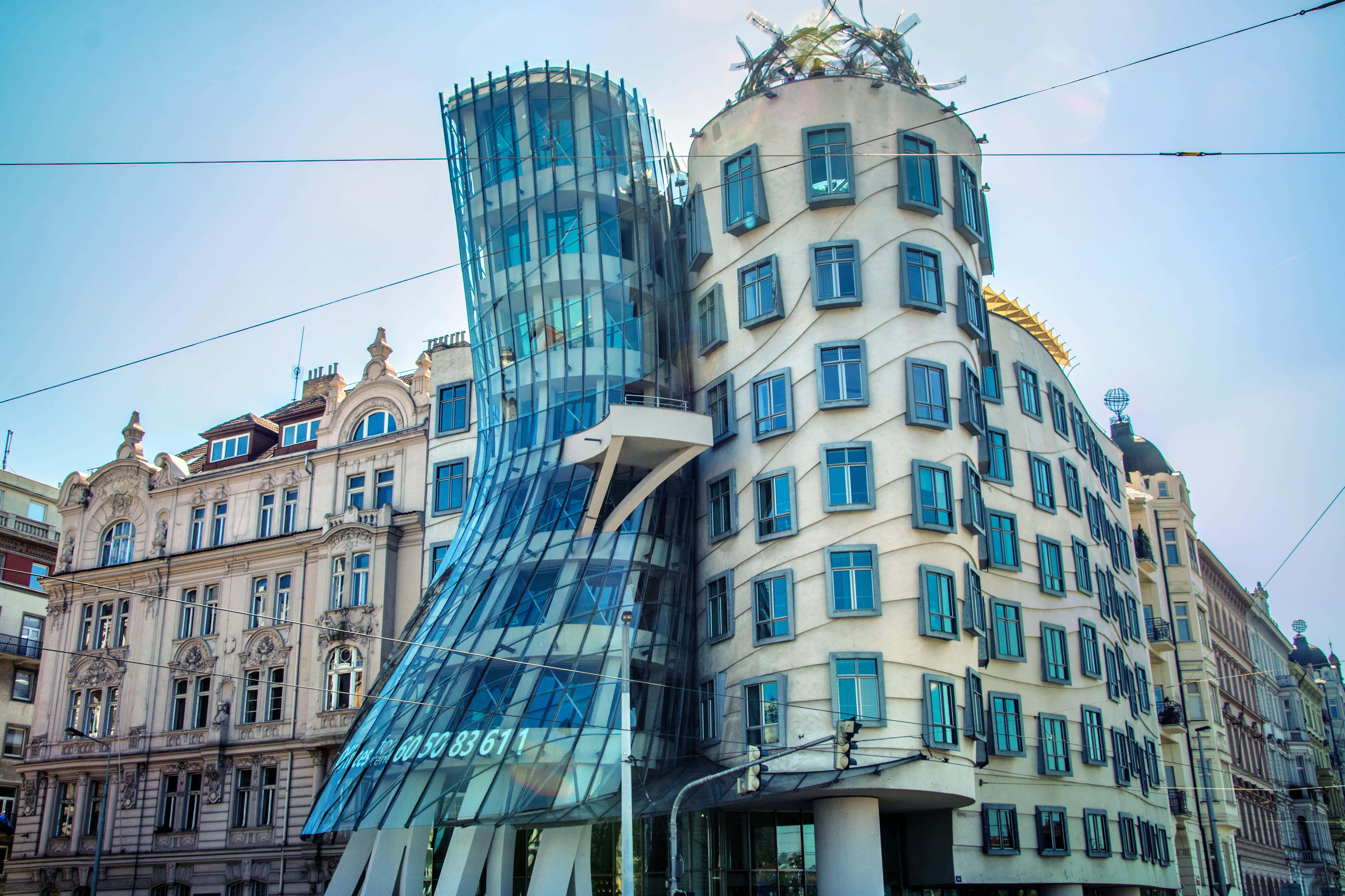 Dancing House, blue filter, glass, 5K Desktop Wallpaper