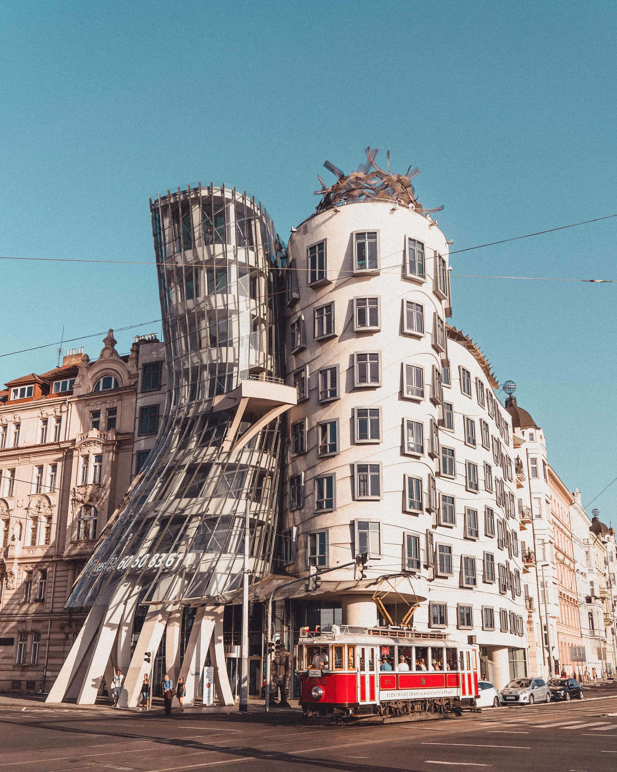 Dancing House, clear blue sky, curved glass, Full HD Phone Wallpaper