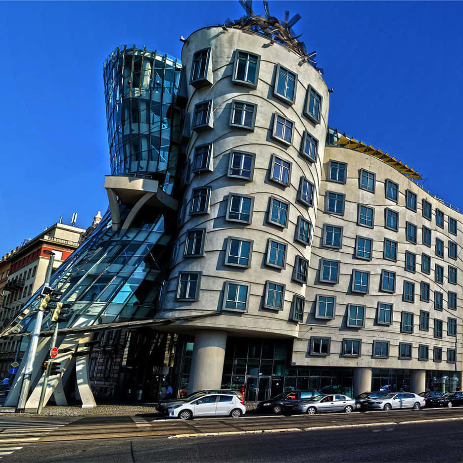 Dancing House, curved concrete, glass facade, SD Desktop Wallpaper