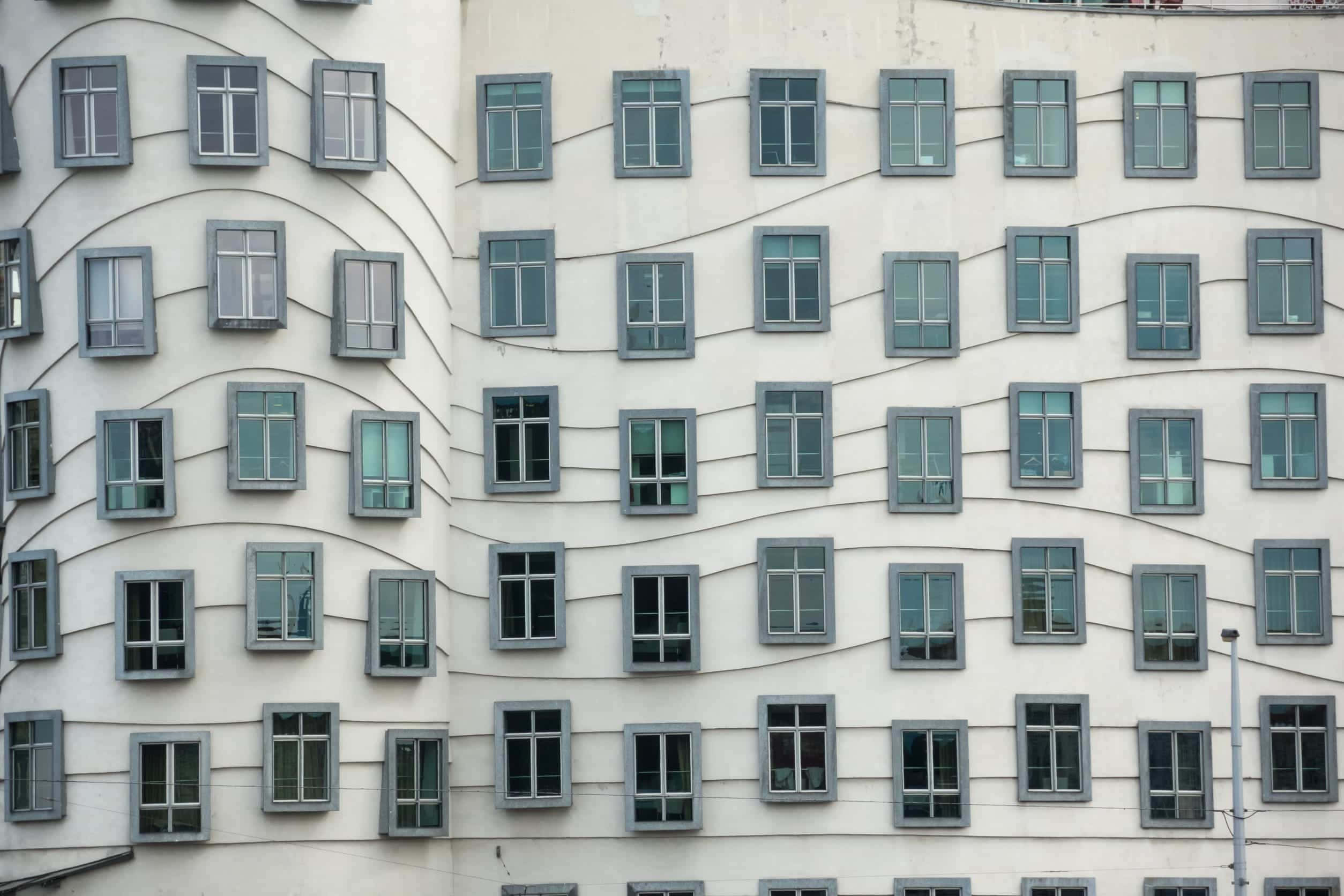 Dancing House, wavy white walls, gray-framed windows, Full HD Desktop Wallpaper