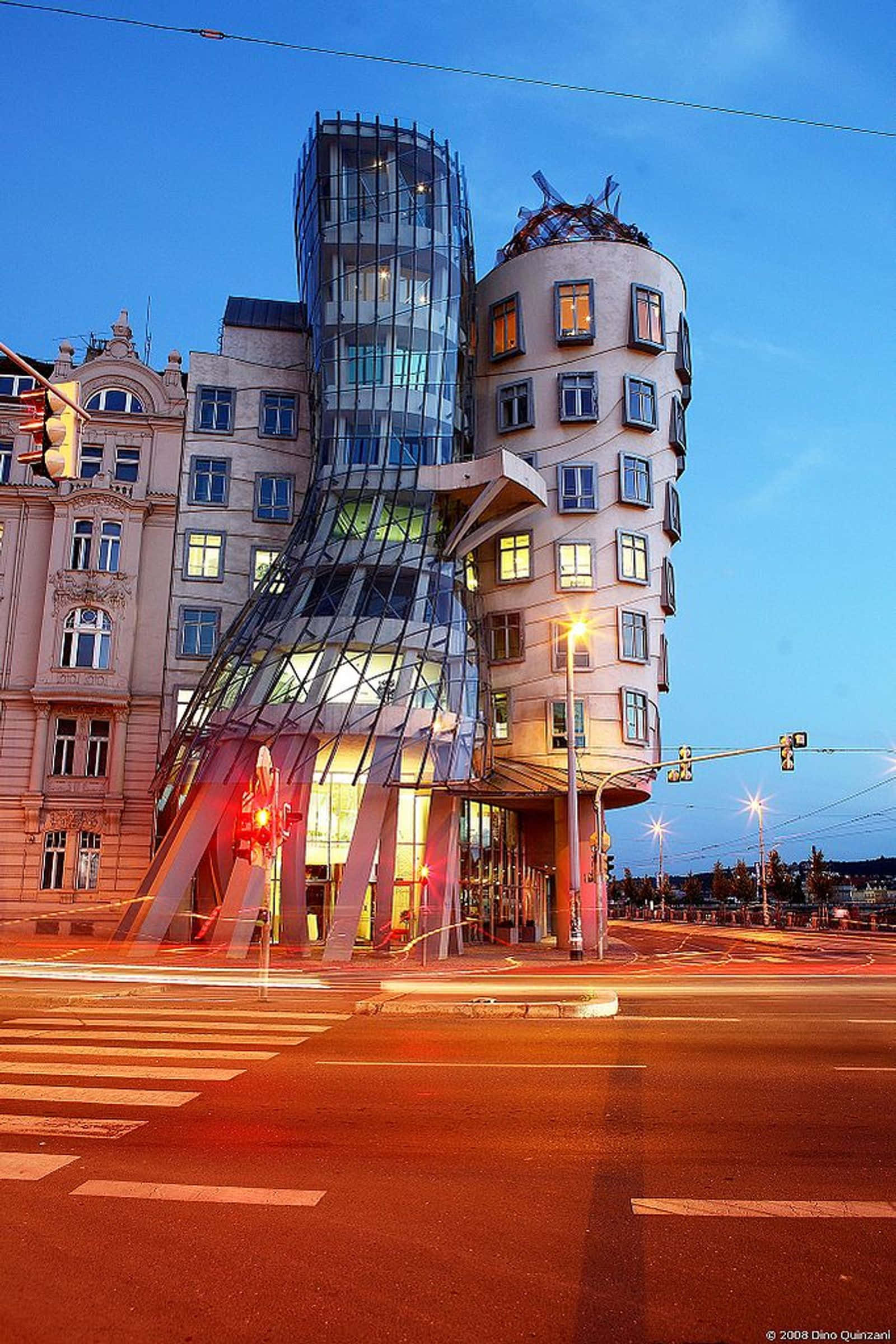 Dancing House, twilight sky, glass and steel building, Full HD Phone Wallpaper