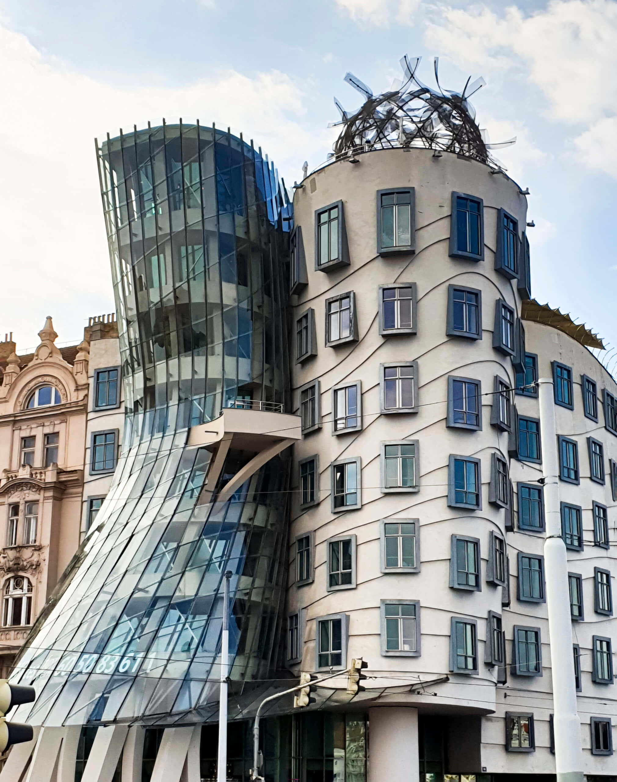 Dancing House, futuristic glass, white building, 2K Phone Wallpaper